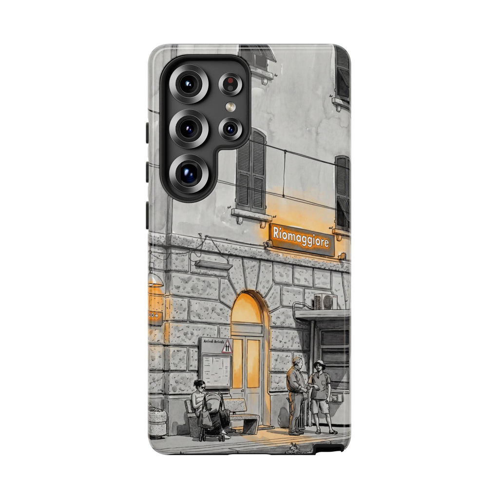 Custodia per Samsung Galaxy con stazione ferroviaria Cinque Terre | Schizzo in bianco e nero con accenti gialli caldi