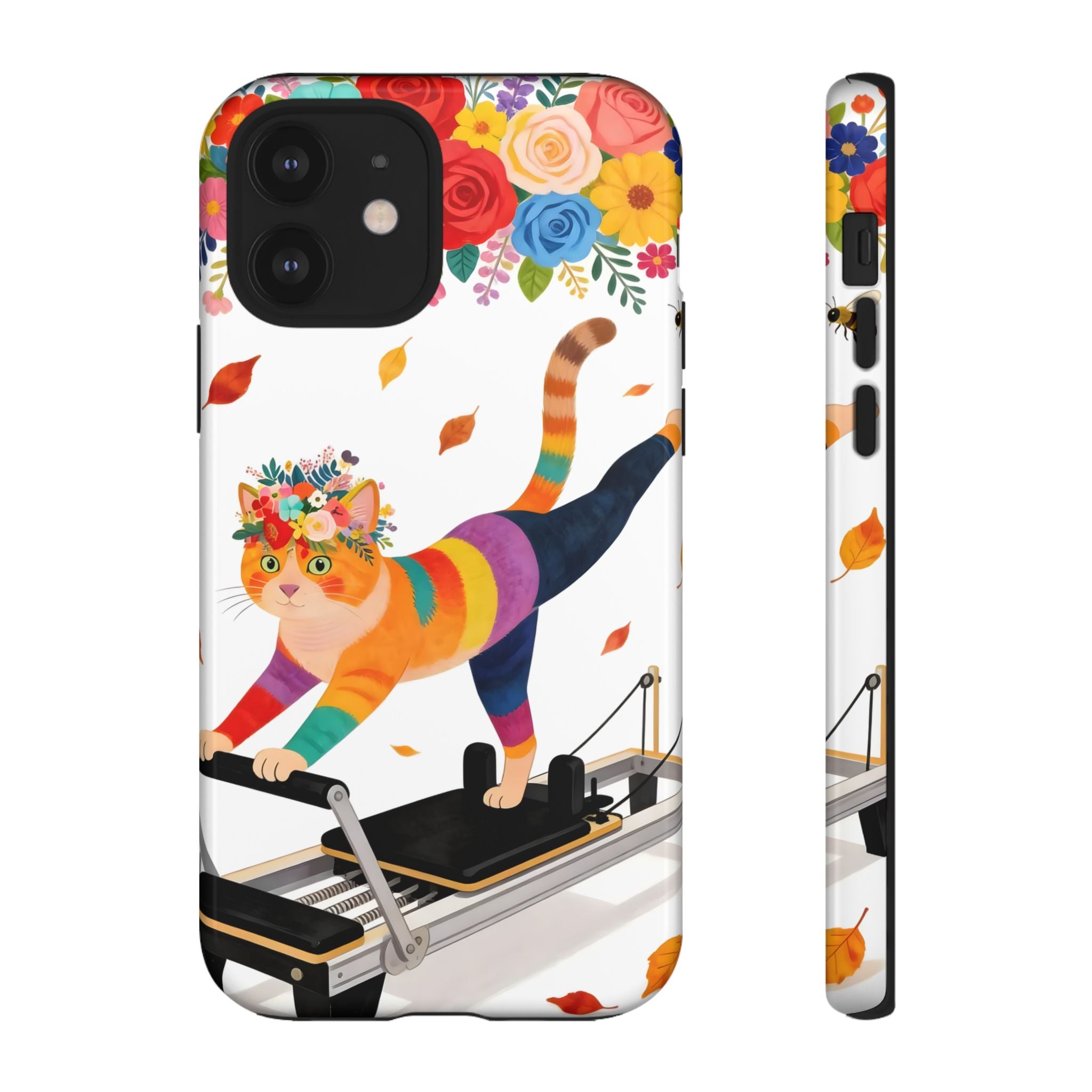 Cat Pilates iPhone Case | Floral Rainbow Cat on Reformer