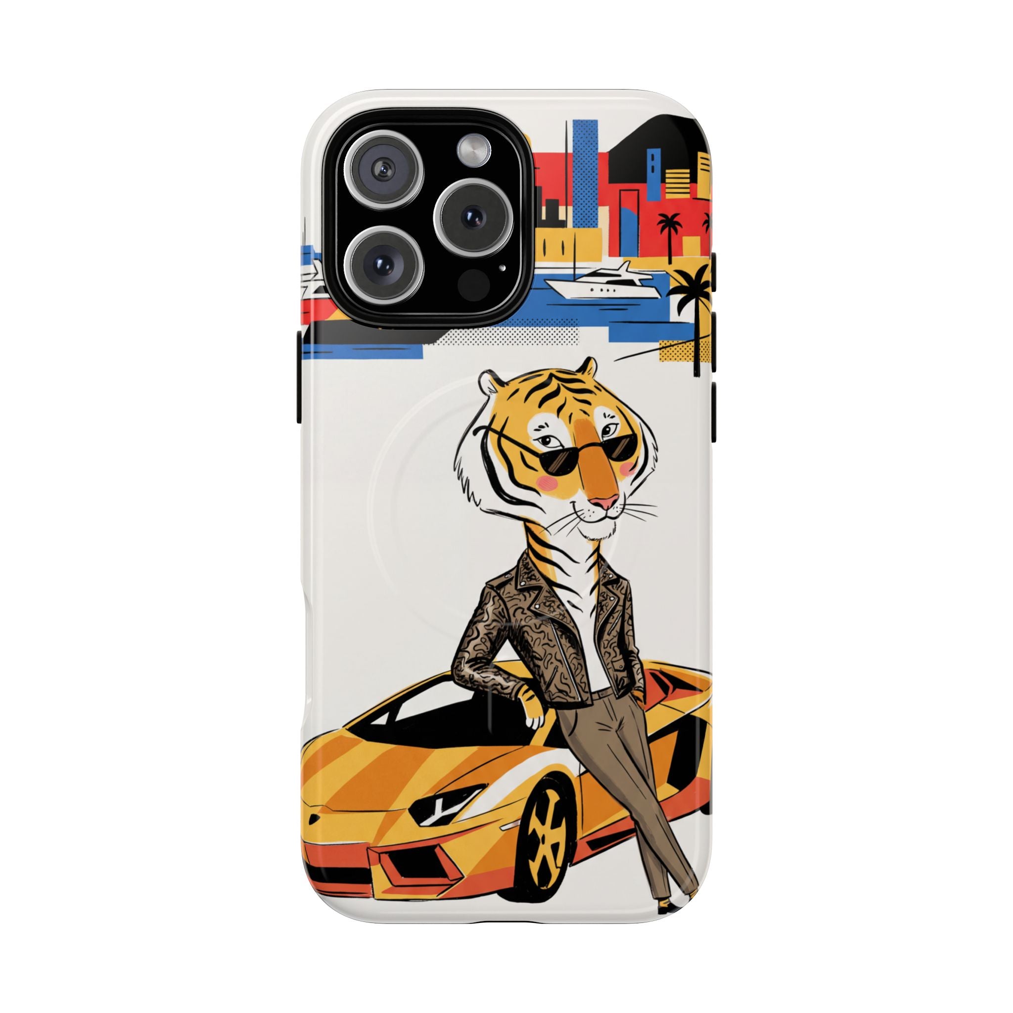 Stylish Tiger with Sports Car Illustration MagSafe iPhone Case