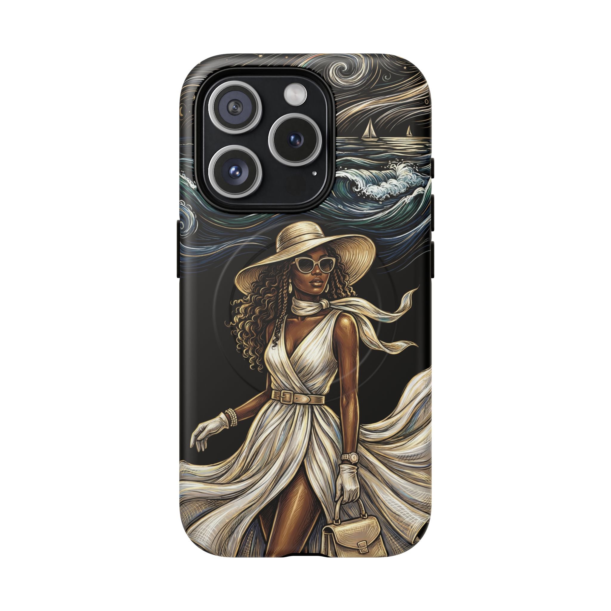 MagSafe iPhone Case | Elegant Black Woman in Flowing Dress by the Sea
