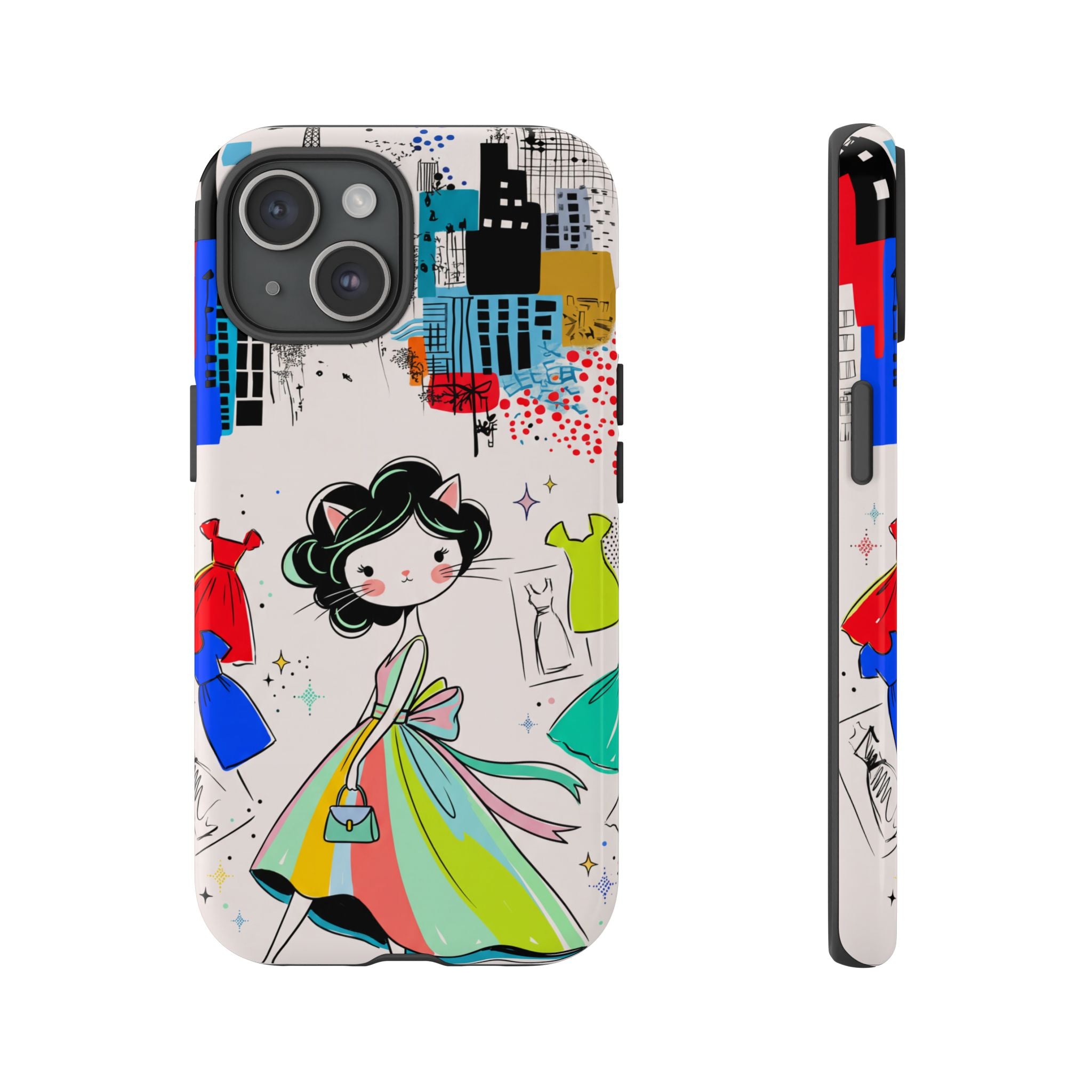 Retro Fashion Cat Girl iPhone Case | Cute Dress & City Print