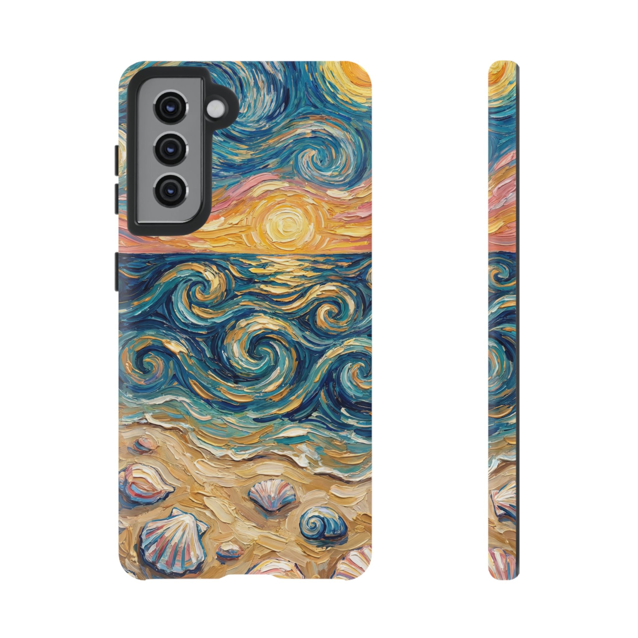 Sea Sunset Samsung Galaxy Case — Van Gogh‑Style Beach Waves with Shells