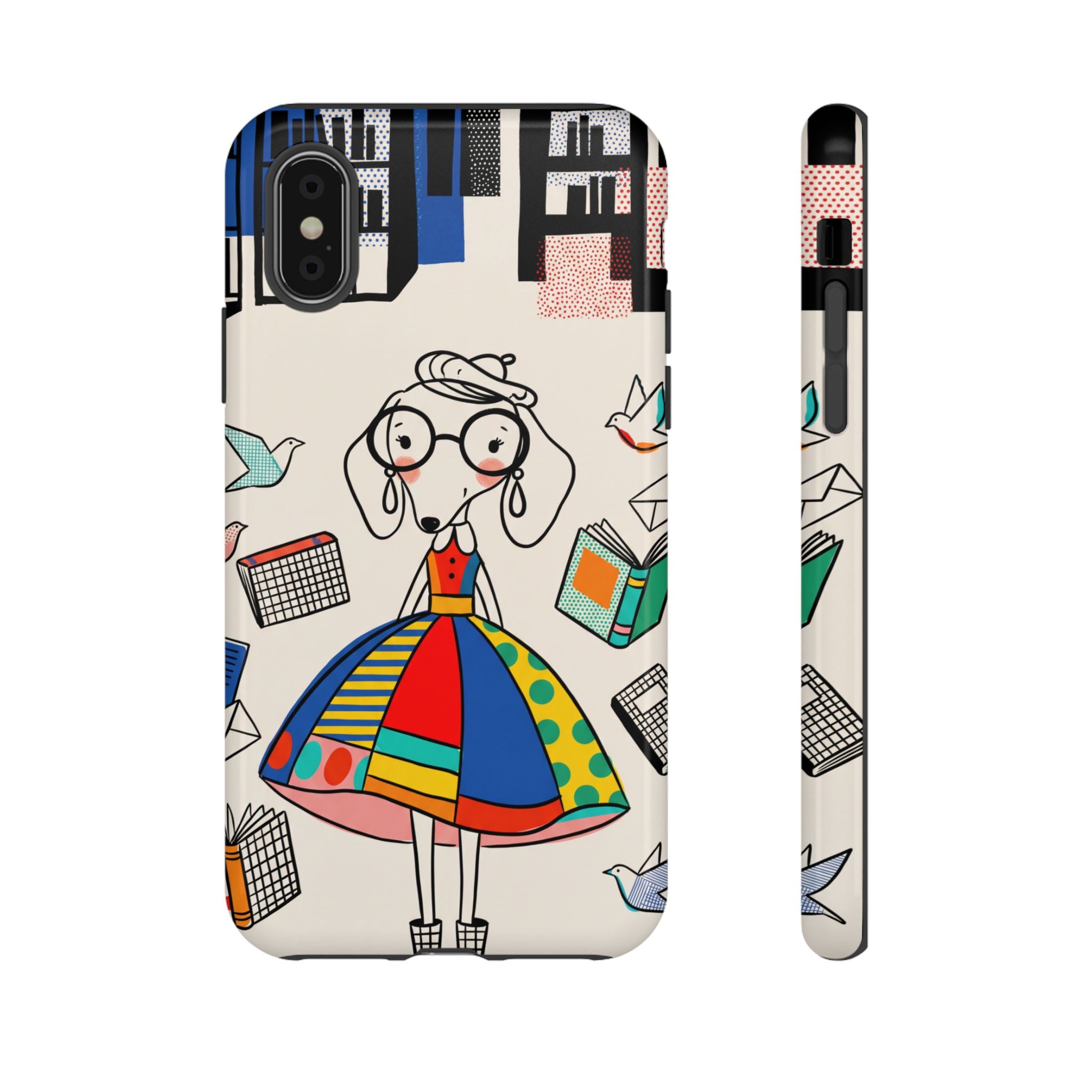 Cute Dachshund Dog Illustration iPhone Case | Colorful Whimsical Book & Bird Design