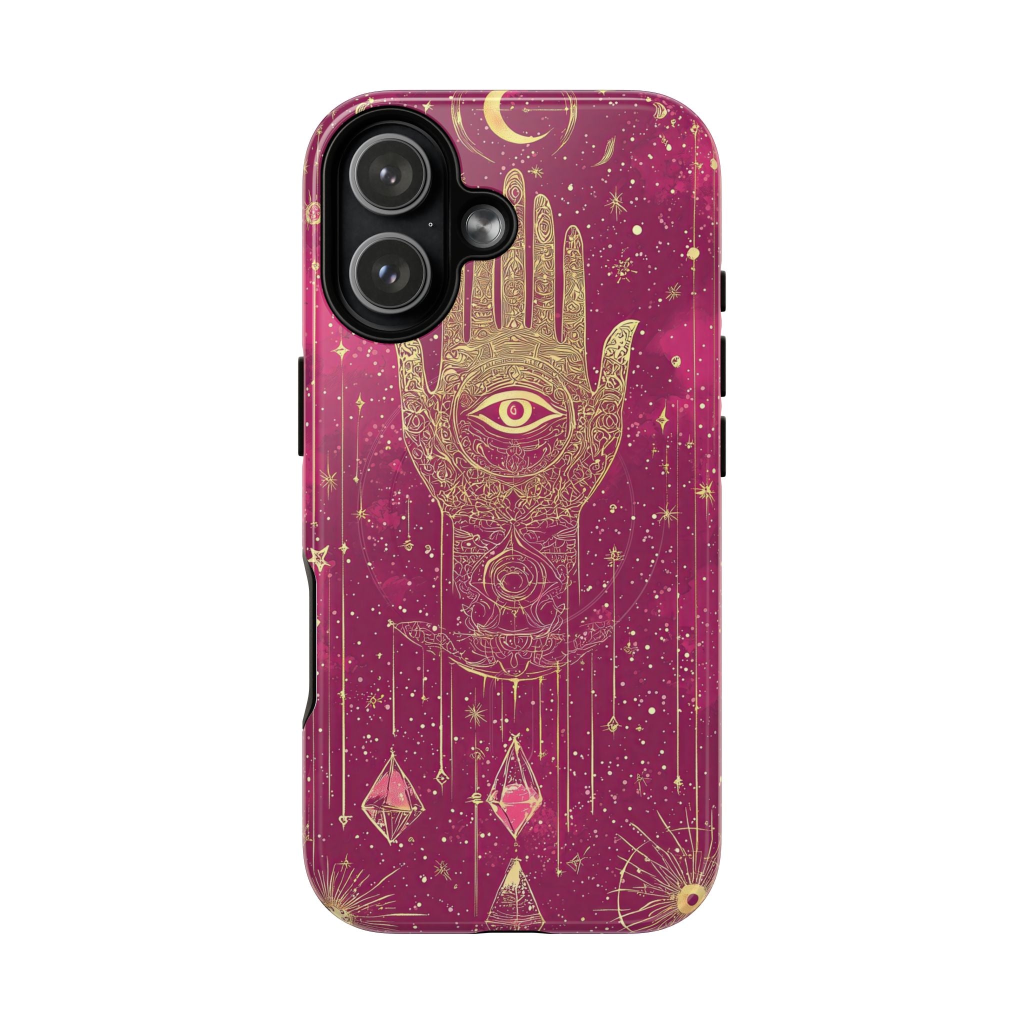 Custodia MagSafe per iPhone Mystic Hamsa | Palma dorata e occhio onniveggente su galassia magenta