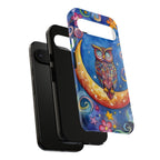 Owl on Crescent Moon Google Pixel Case — Colourful Whimsical Night Sky Design