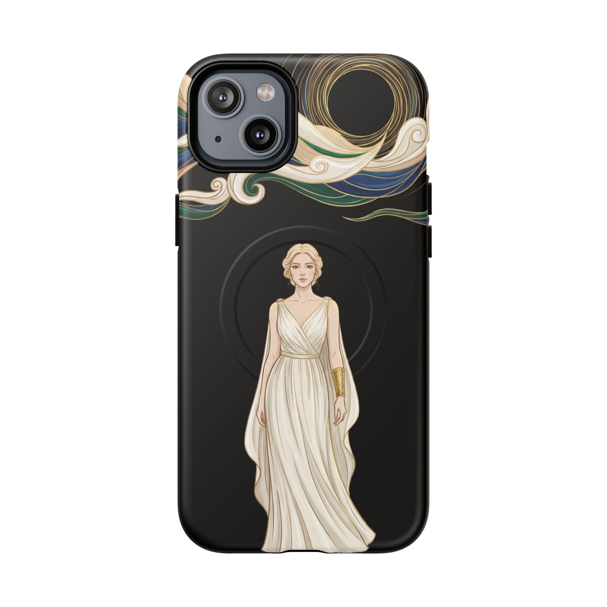 Art Nouveau Goddess MagSafe iPhone Case | Elegant Woman Illustration on Black