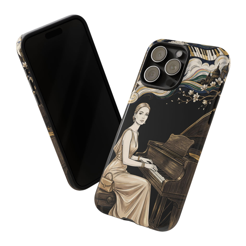 Elegant Piano Woman iPhone Case | Vintage Art Deco Music Design
