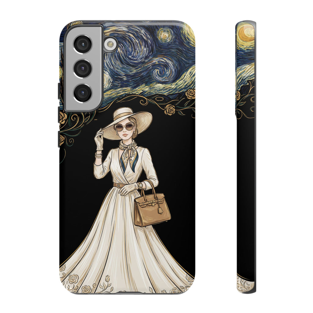 Vintage Starry Night Fashion Samsung Galaxy Phone Case | Elegant Lady in White Dress