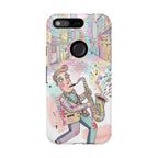 Custodia per telefono Google Pixel "Sax Player Art" | Illustrazione Jazz Stradale Pastello