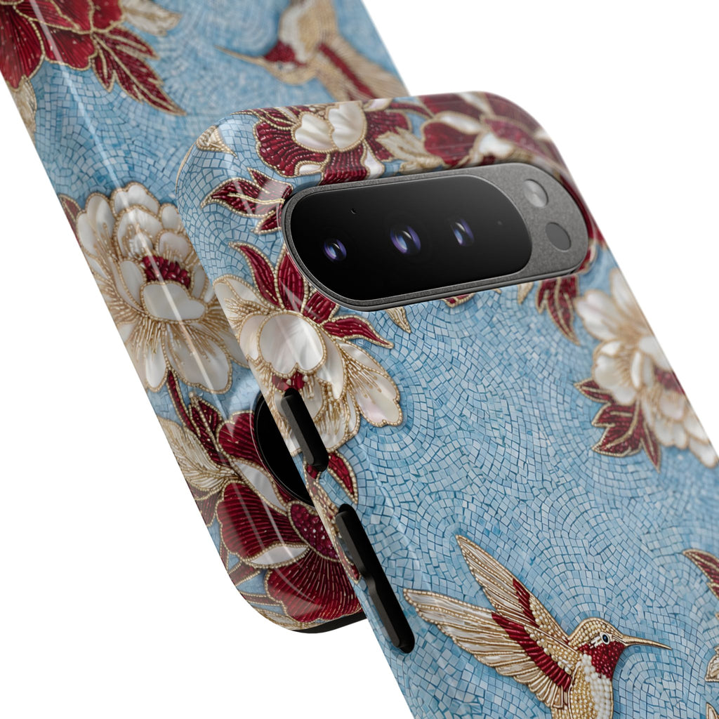 Cover Rigida per Google Pixel Colibrì Floreale | Design Botanico Vintage Blu e Borgogna