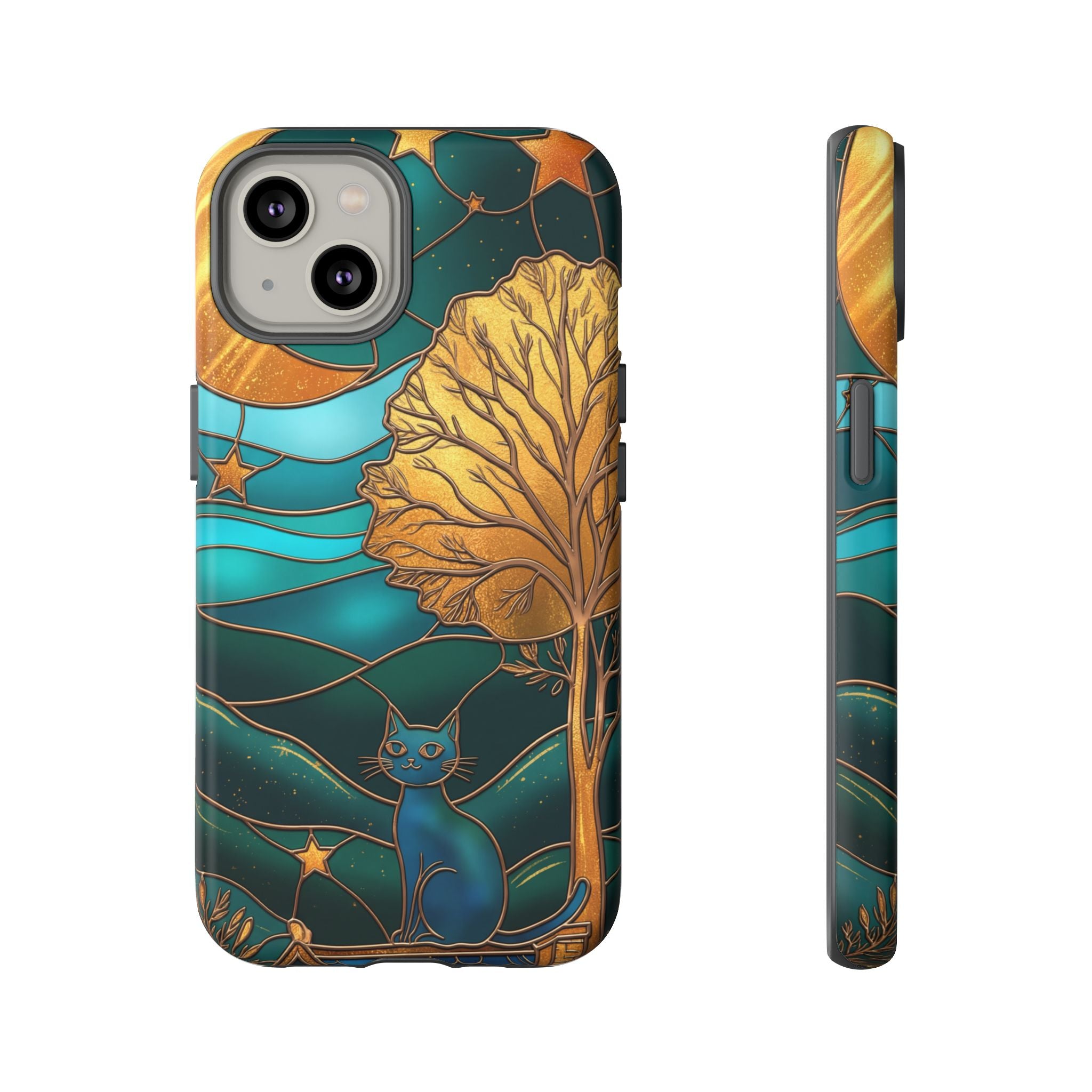 Stained Glass Cat Tough iPhone Case — Gold Tree & Starry Night Design