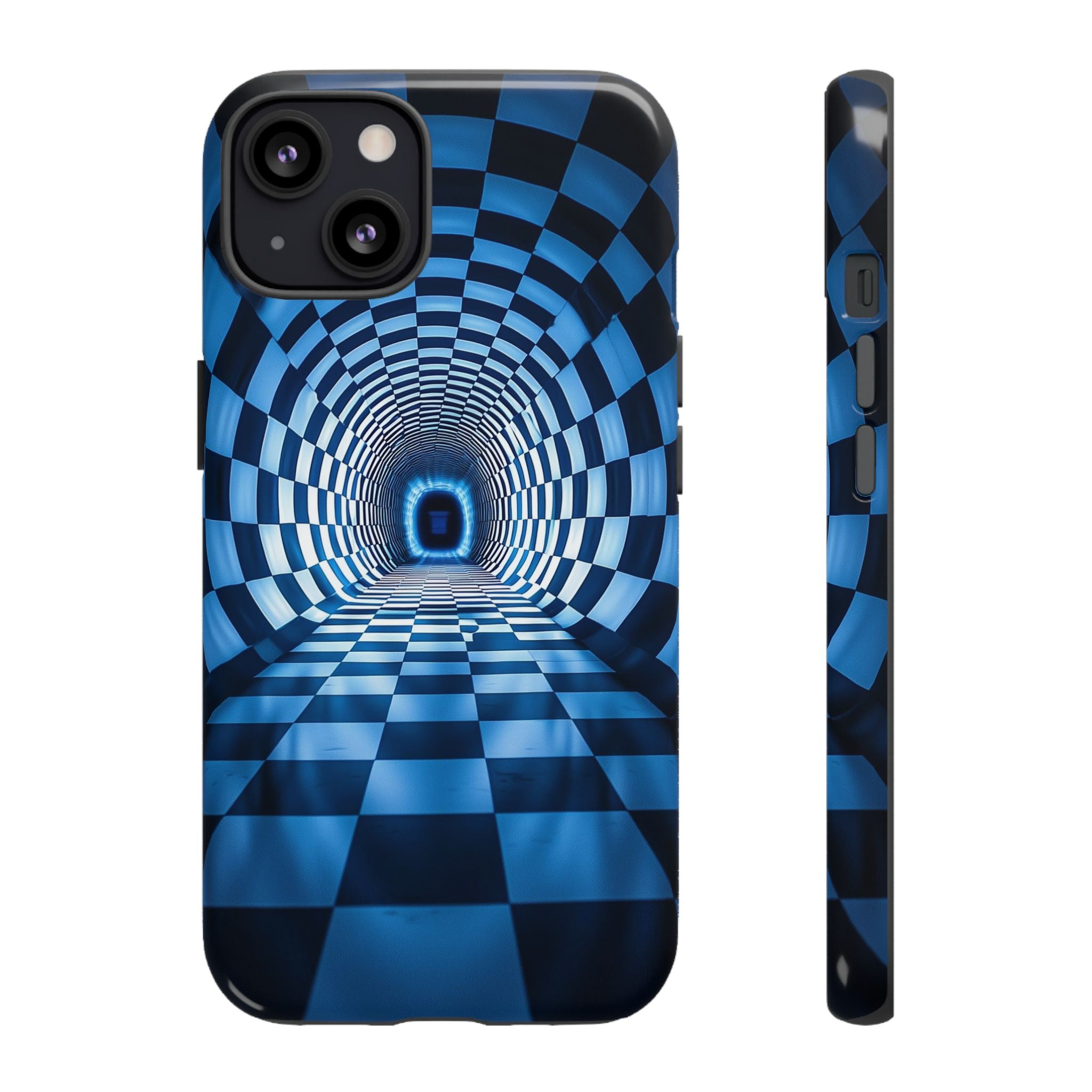 Blue Checkered Tunnel iPhone Case — 3D Optical Illusion Tough Case