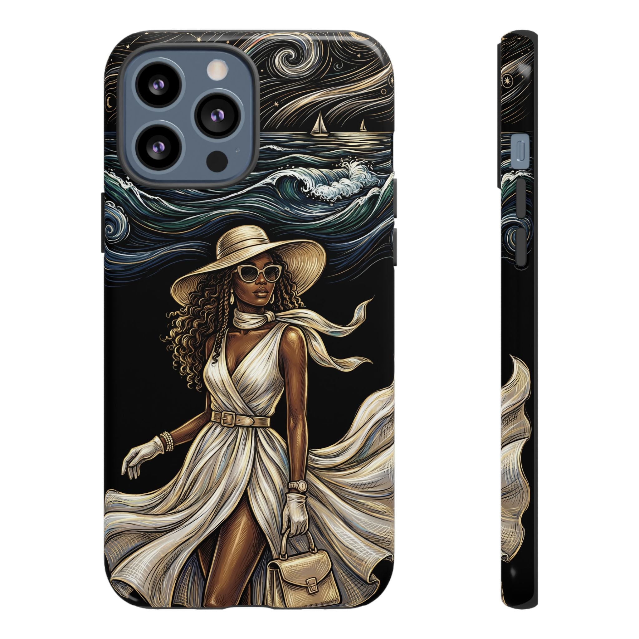 iPhone Case | Elegant Black Woman in Flowing Dress by the Sea