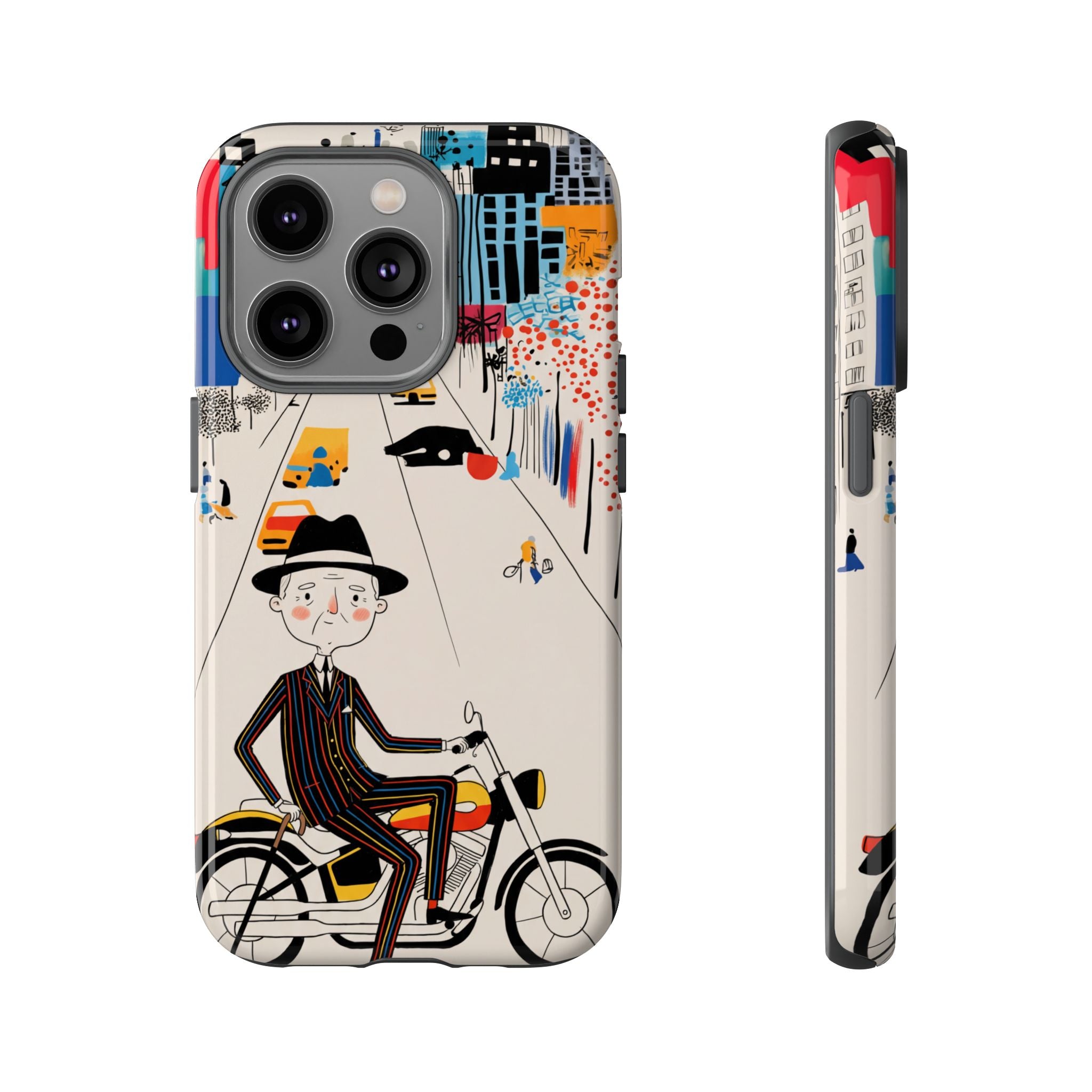 Vintage Grandpa Rider Motorcycle iPhone Case | Illustrated Cityscape