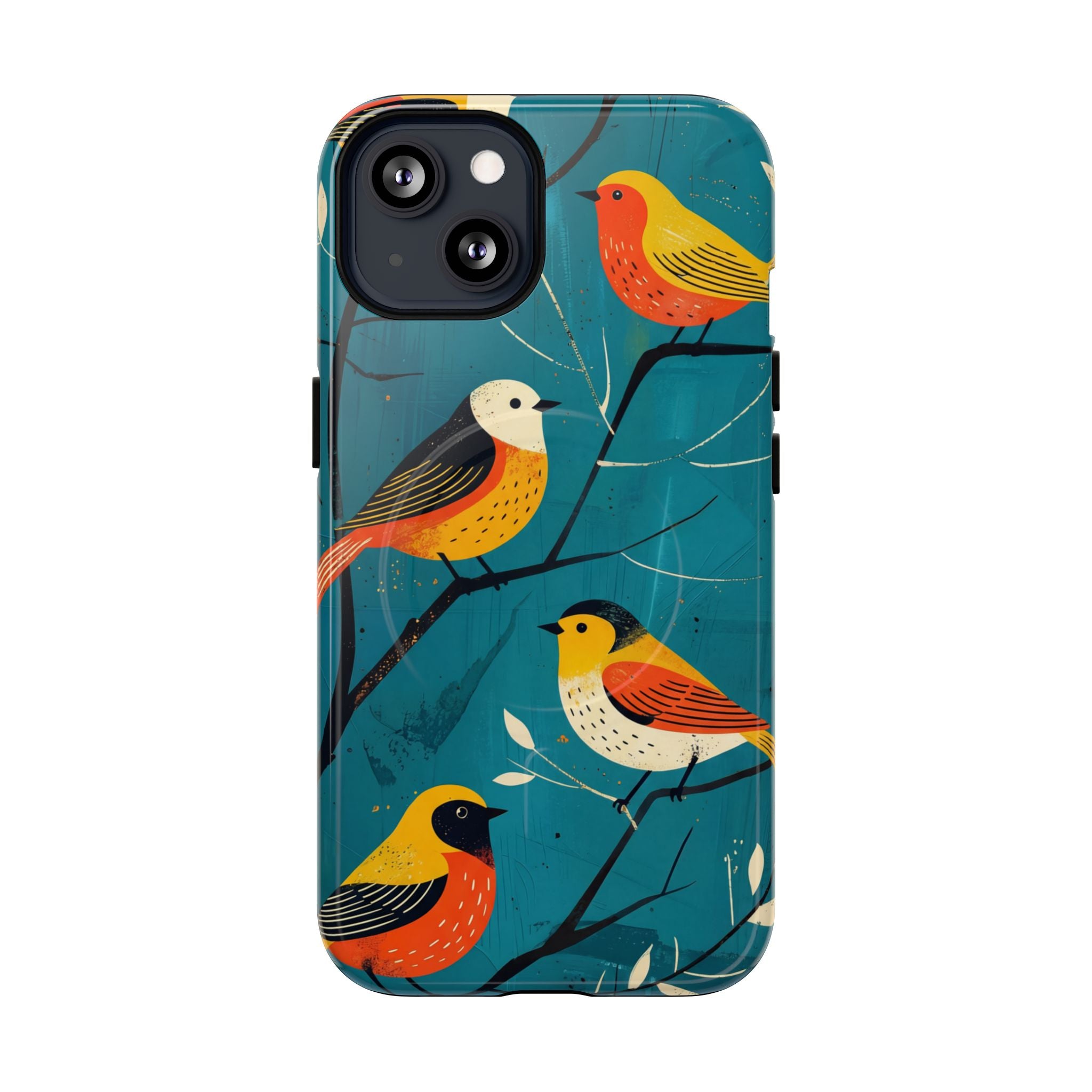 Bird Pattern Tough MagSafe iPhone Case | Colourful Songbirds on Teal Background