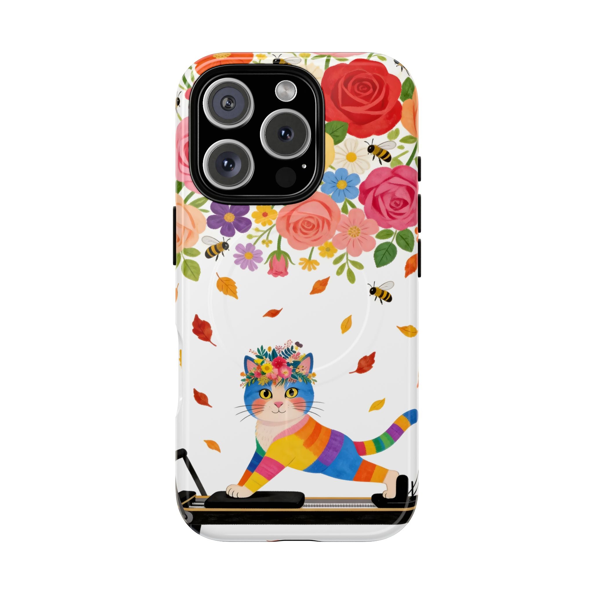 Floral Rainbow Cat Tough MagSafe iPhone Case — Colorful Pilates Cat Design