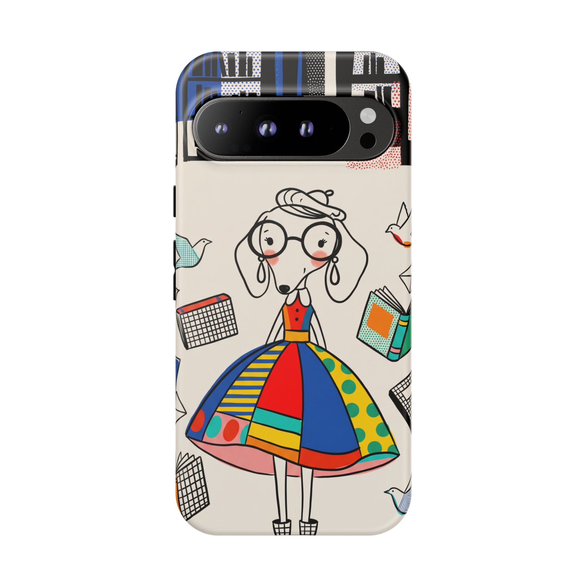Cute Dachshund Dog Illustration Google Pixel Phone Case | Colorful Whimsical Book & Bird Design
