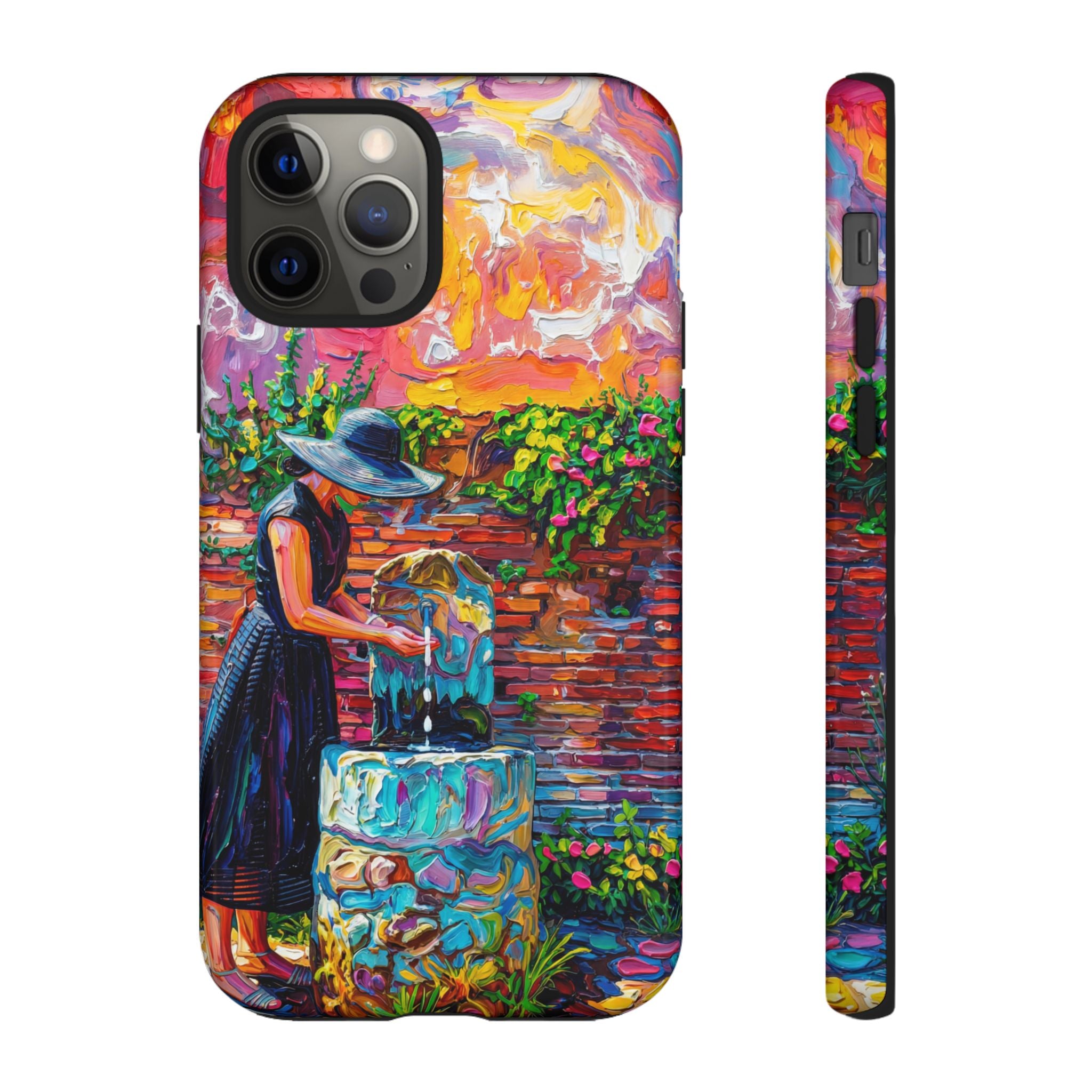 Artistic Garden iPhone Case | Woman at Fountain Colourful Painterly Design