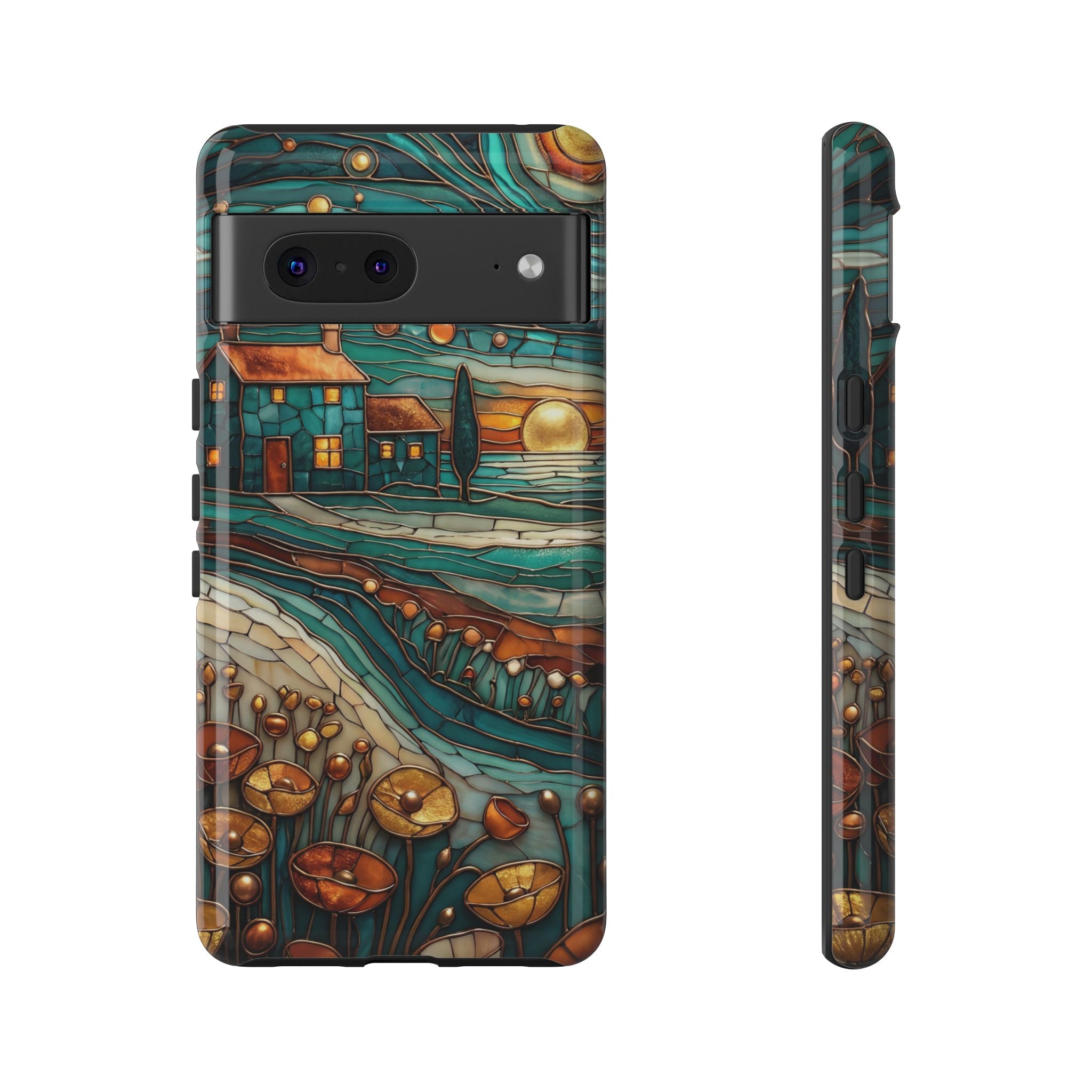 Artistic Sunset Cottage Google Pixel Case | Whimsical Floral Landscape Protective Cover