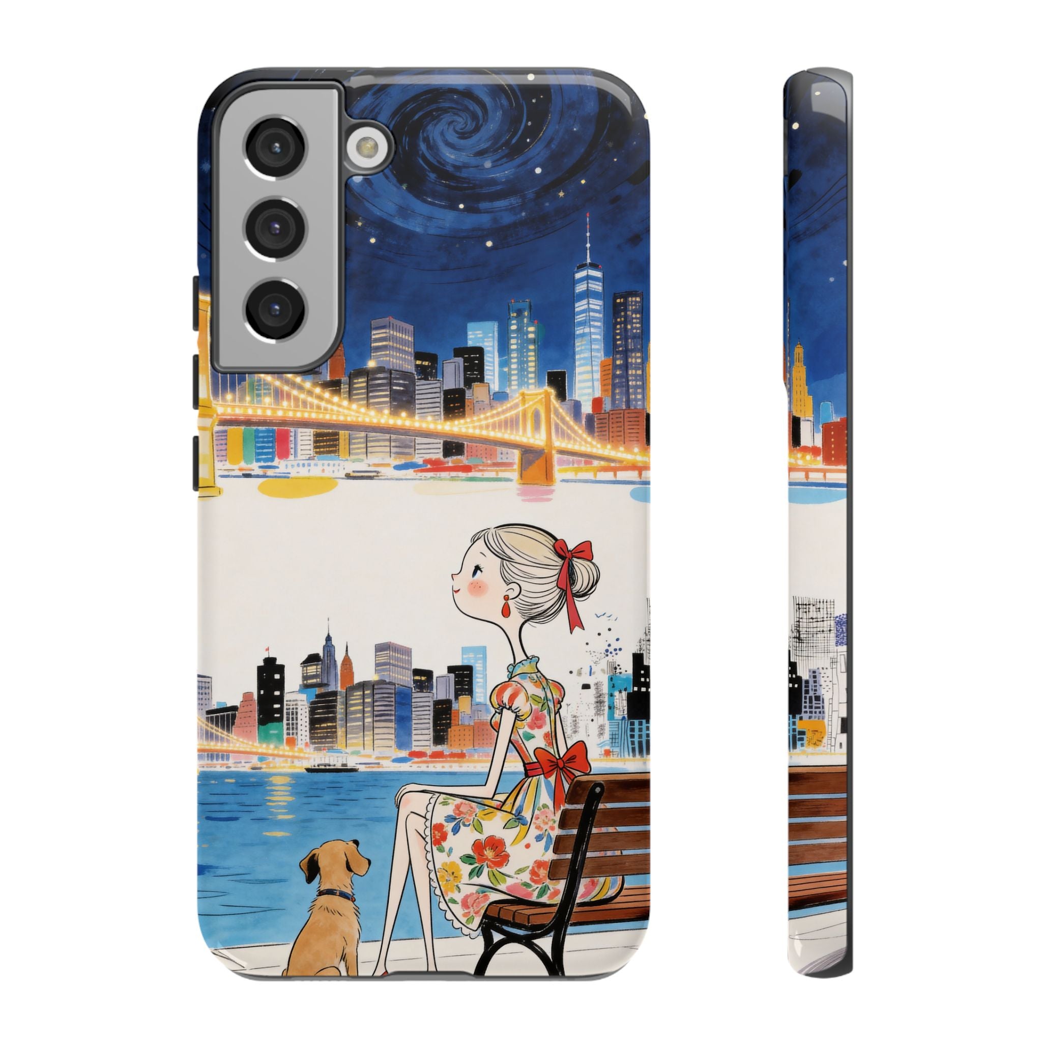 City Night Samsung Galaxy Phone Case | Cute Girl & Dog Bench Illustration