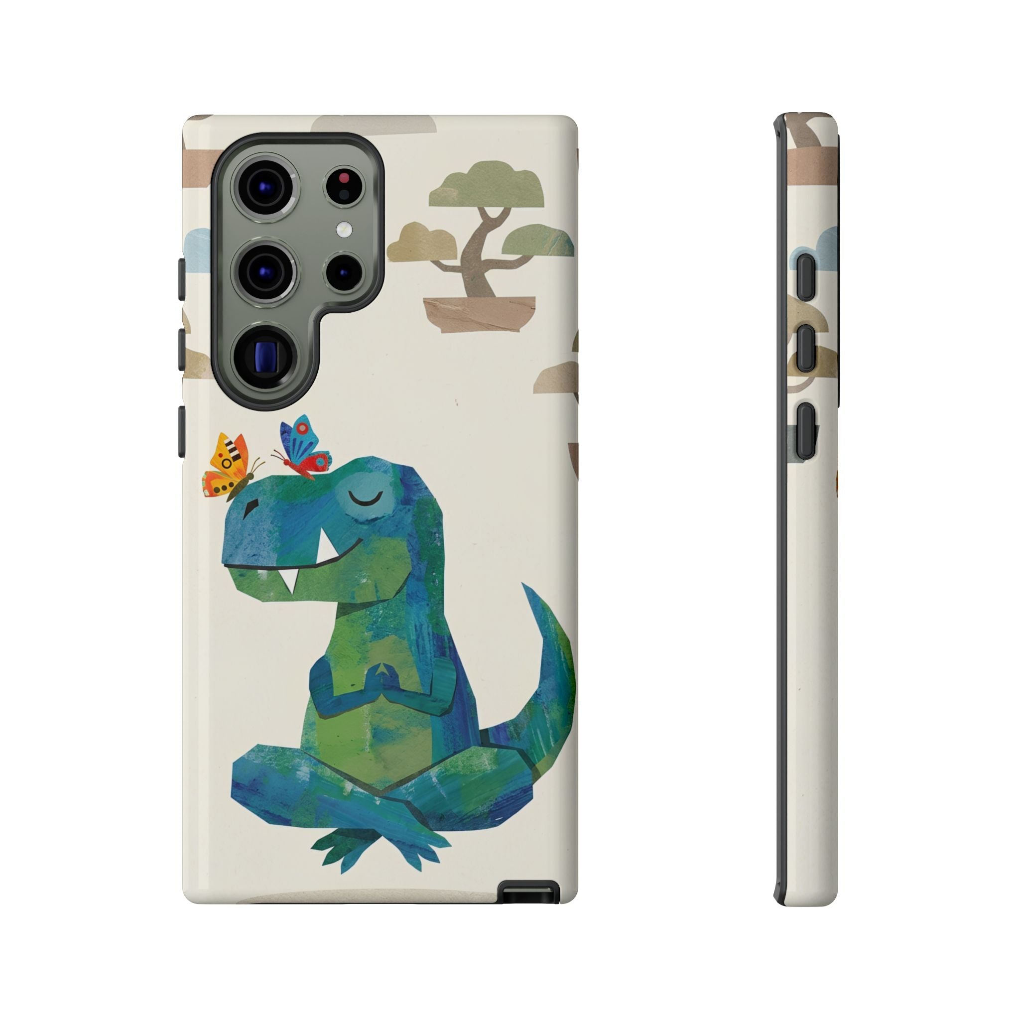 Meditating Dinosaur Samsung Galaxy Phone Case | Cute T-Rex with Butterflies and Bonsai