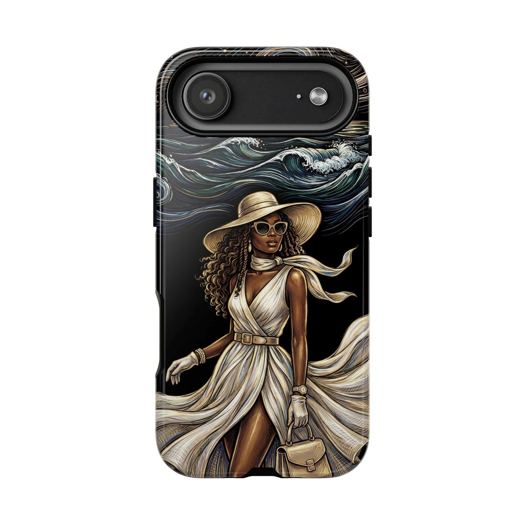 iPhone Case | Elegant Black Woman in Flowing Dress by the Sea