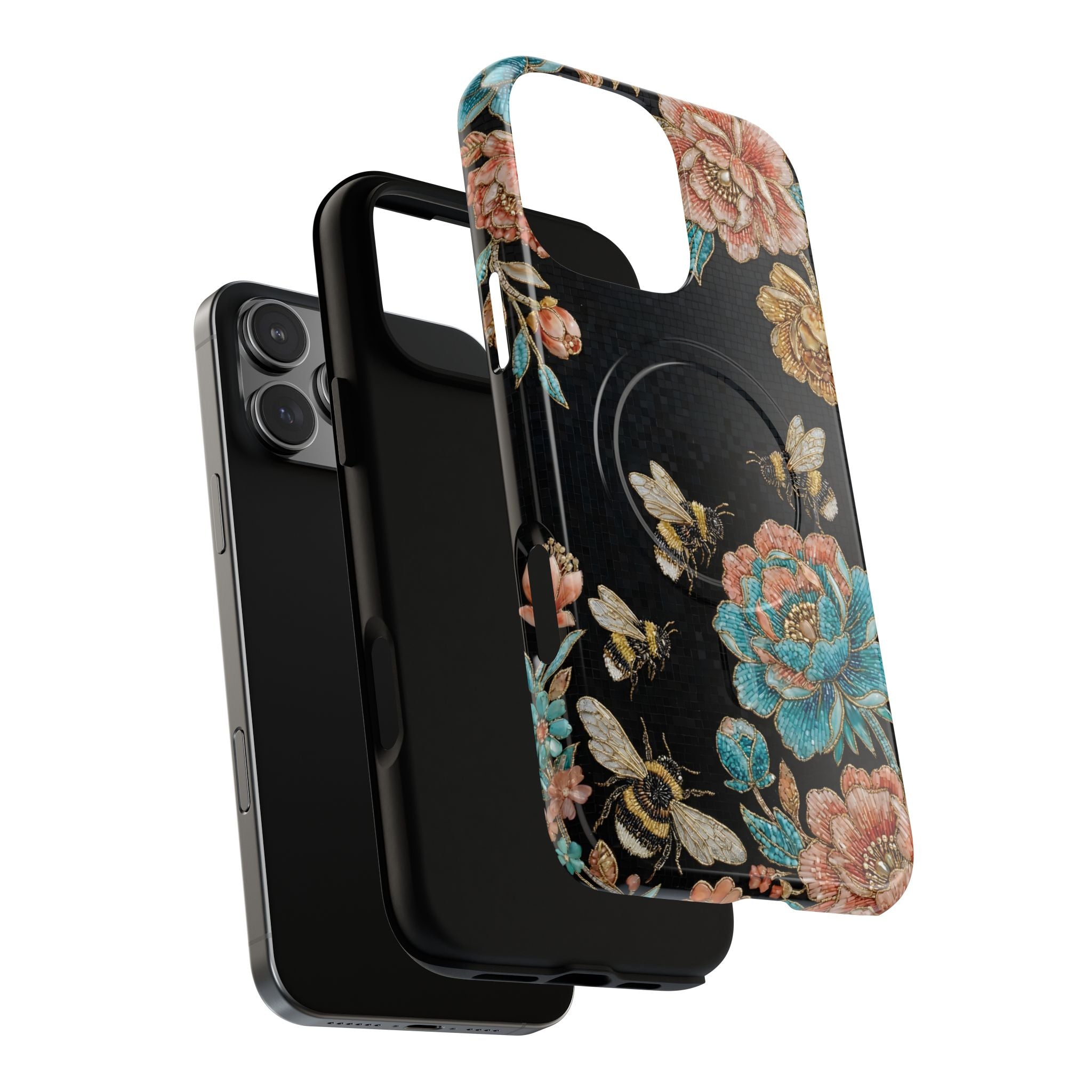Floral Bees Tough MagSafe iPhone Case | Vintage Rose & Bumblebee Protective Cover