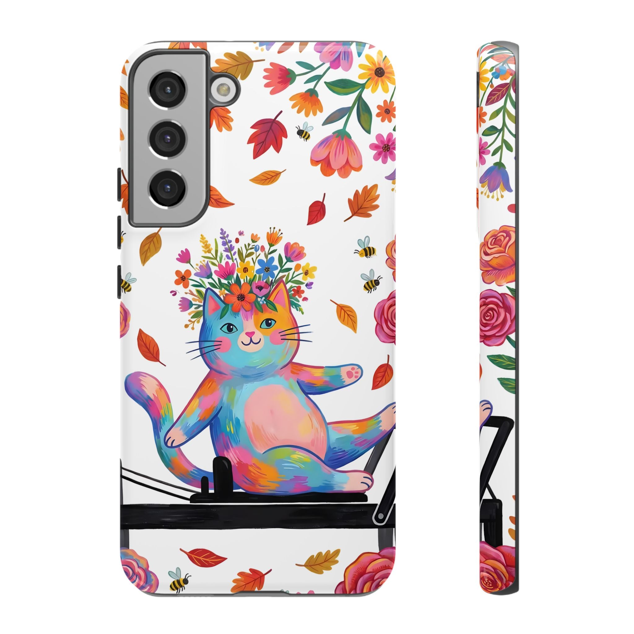Colorful Floral Cat on Pilates Reformer Protective Samsung Galaxy Phone Case