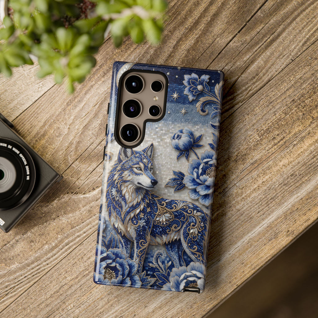 Blue Floral Wolf Tough Samsung Galaxy Phone Case | Moonlit Wolf Protective Cover