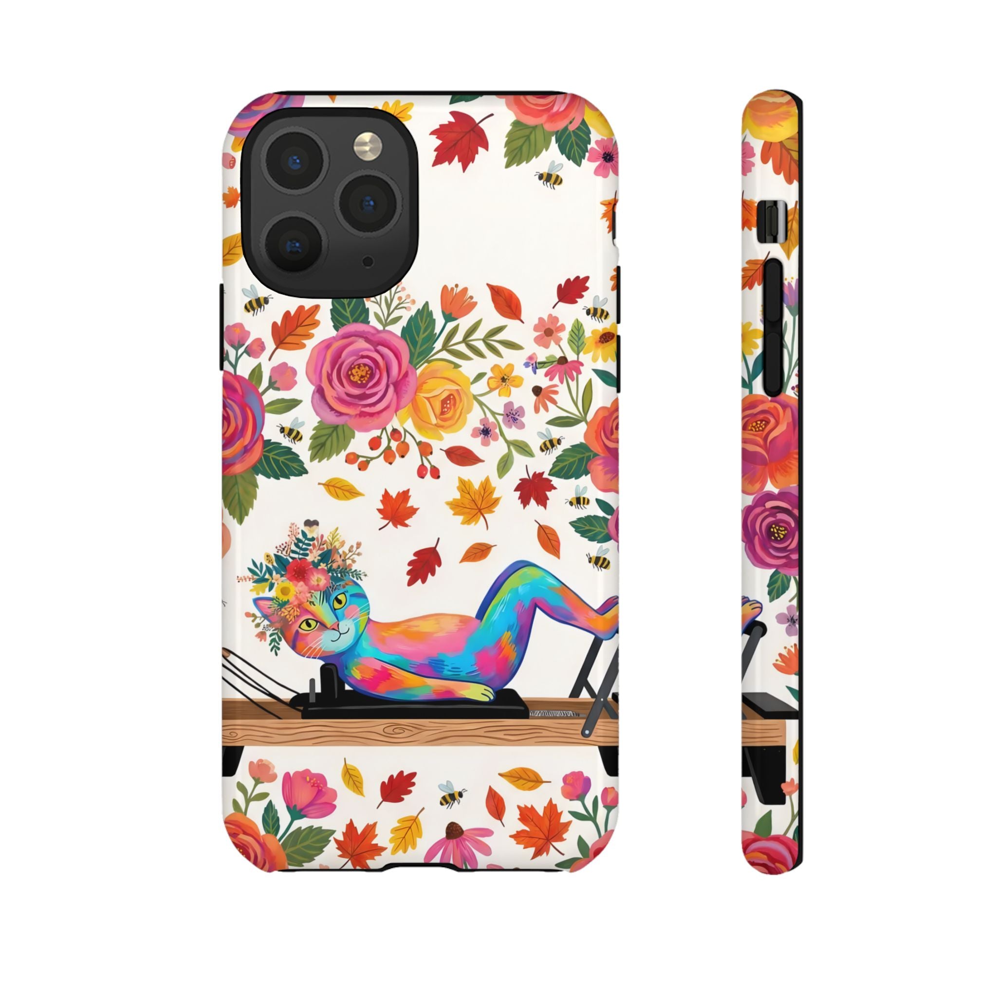 Autumn Floral Pilates iPhone Case | Colorful Rainbow Pilates Cat on Falling Leaves