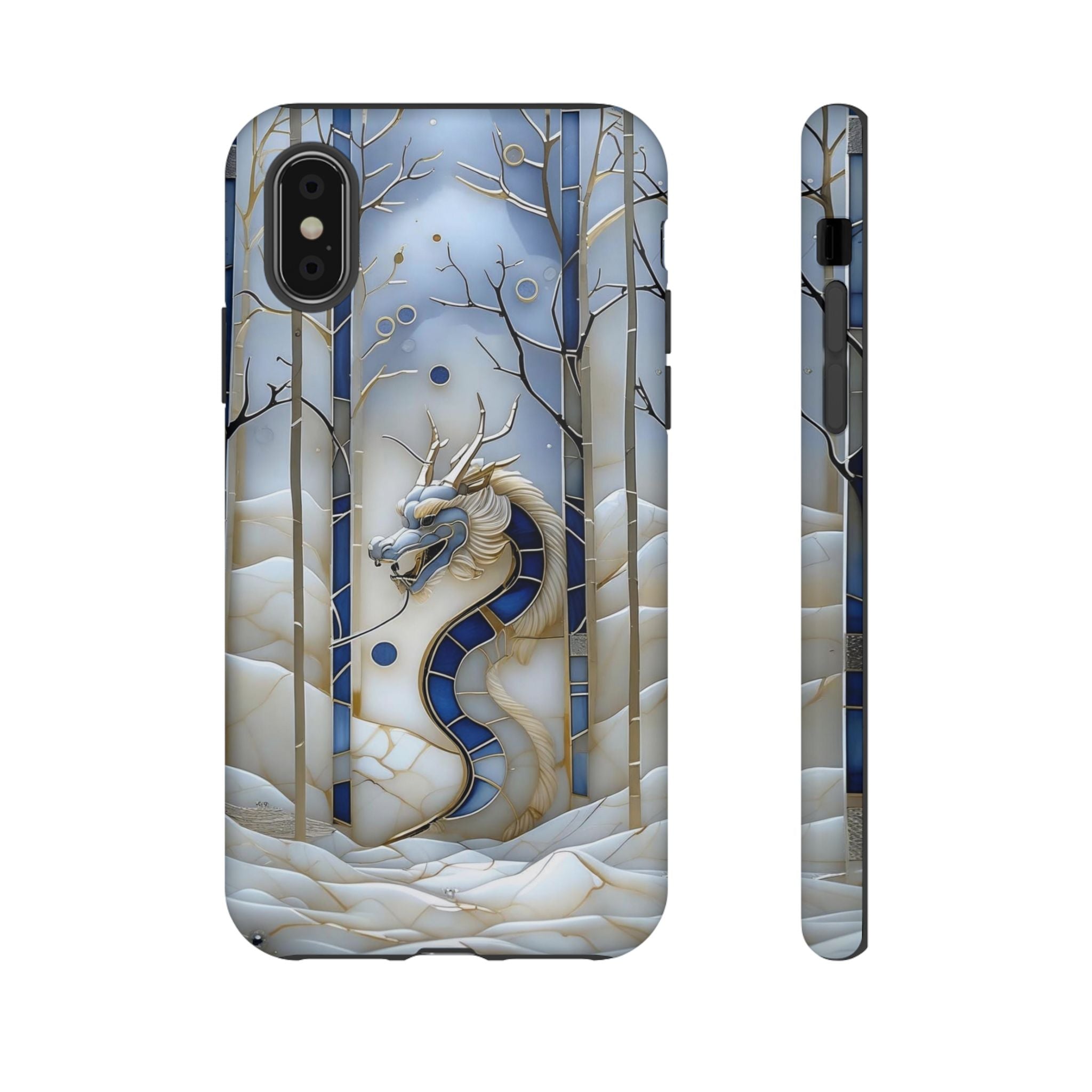 Dragon Stained Glass iPhone Case — Blue Winter Forest Protective Cover