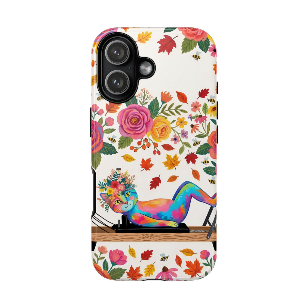 Autumn Floral Pilates iPhone Case | Colorful Rainbow Pilates Cat on Falling Leaves