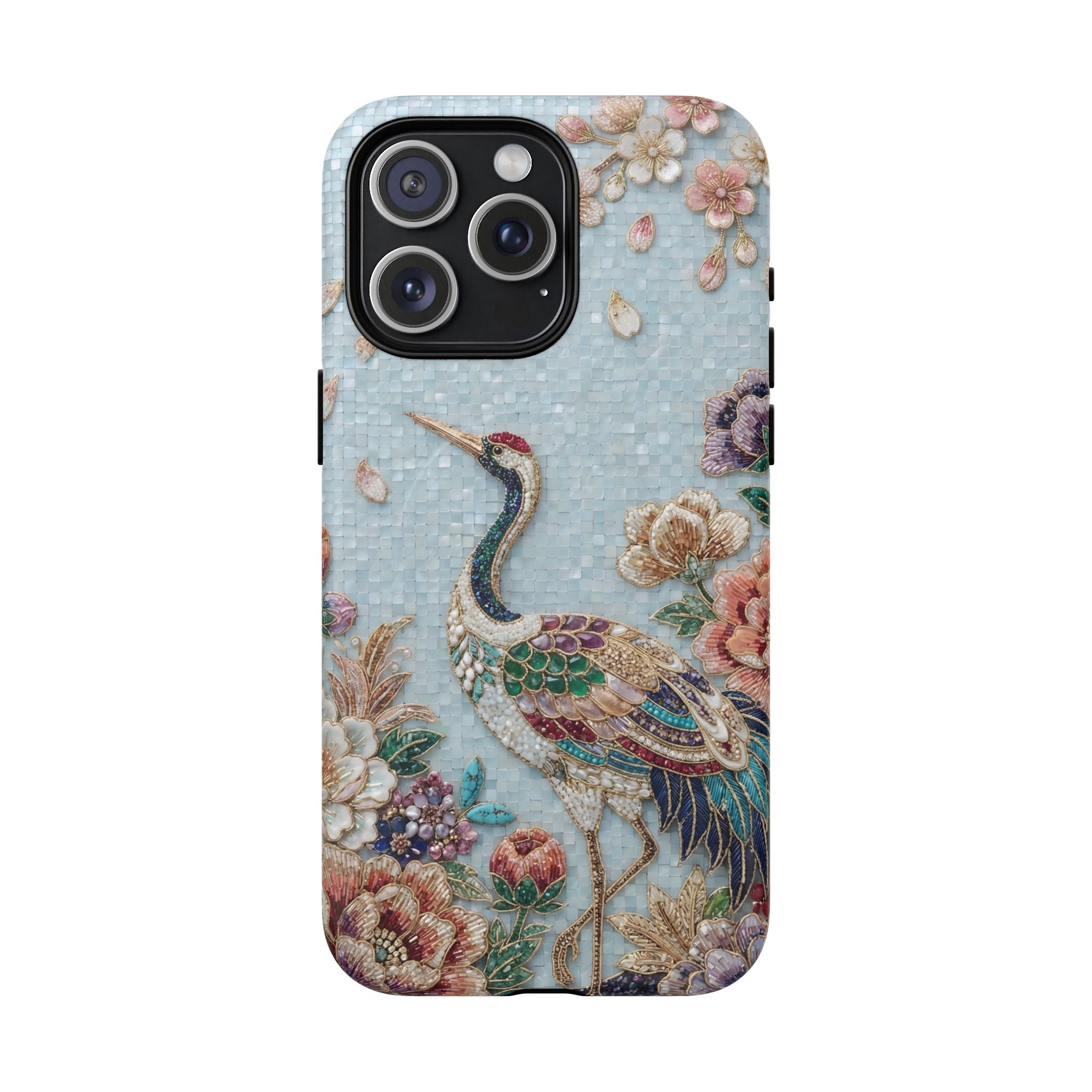 Floral Crane Tough MagSafe iPhone Case | Vintage Embroidered Bird Protection