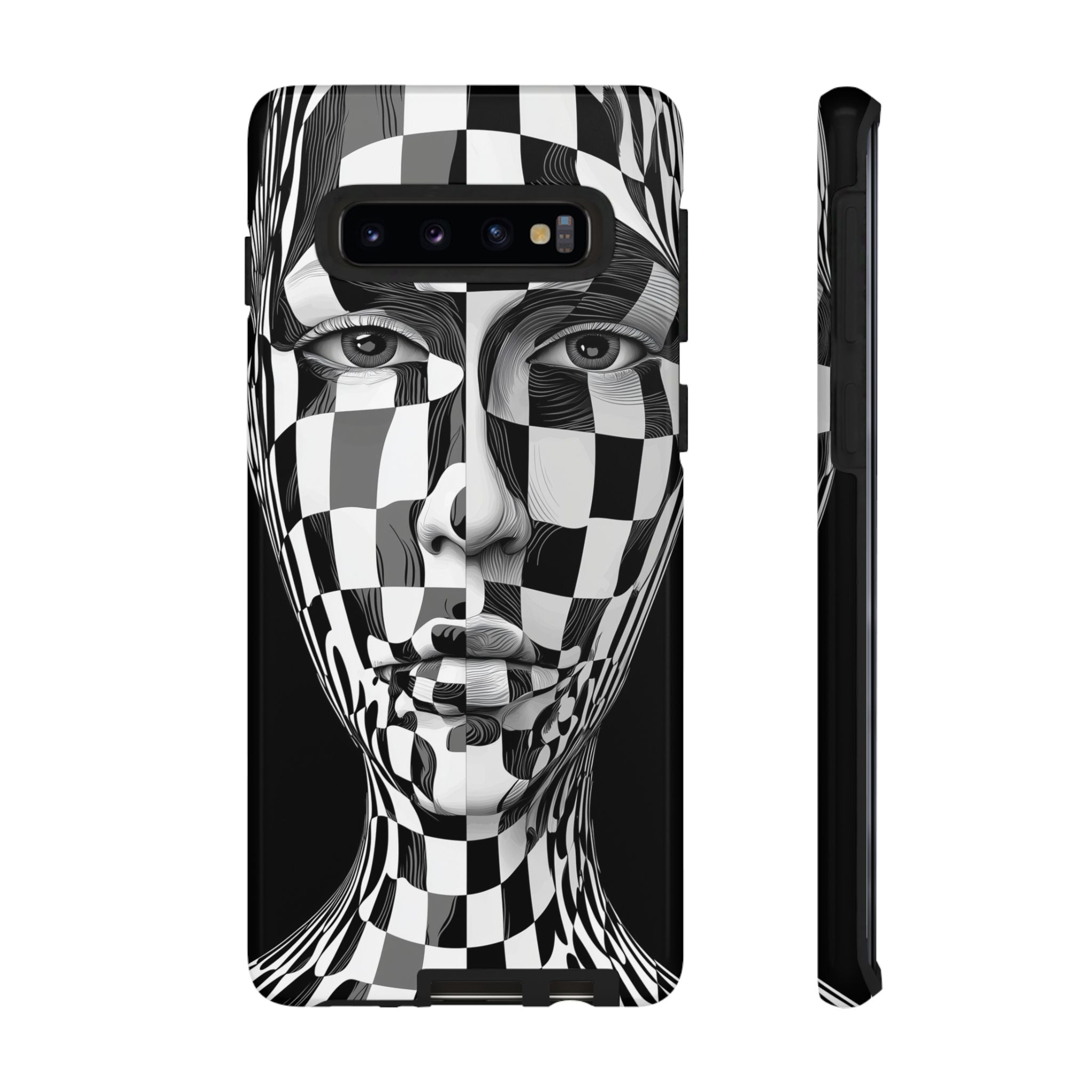 Checkerboard Face Tough Samsung Galaxy Case — Black & White Surreal Art Protective Cover