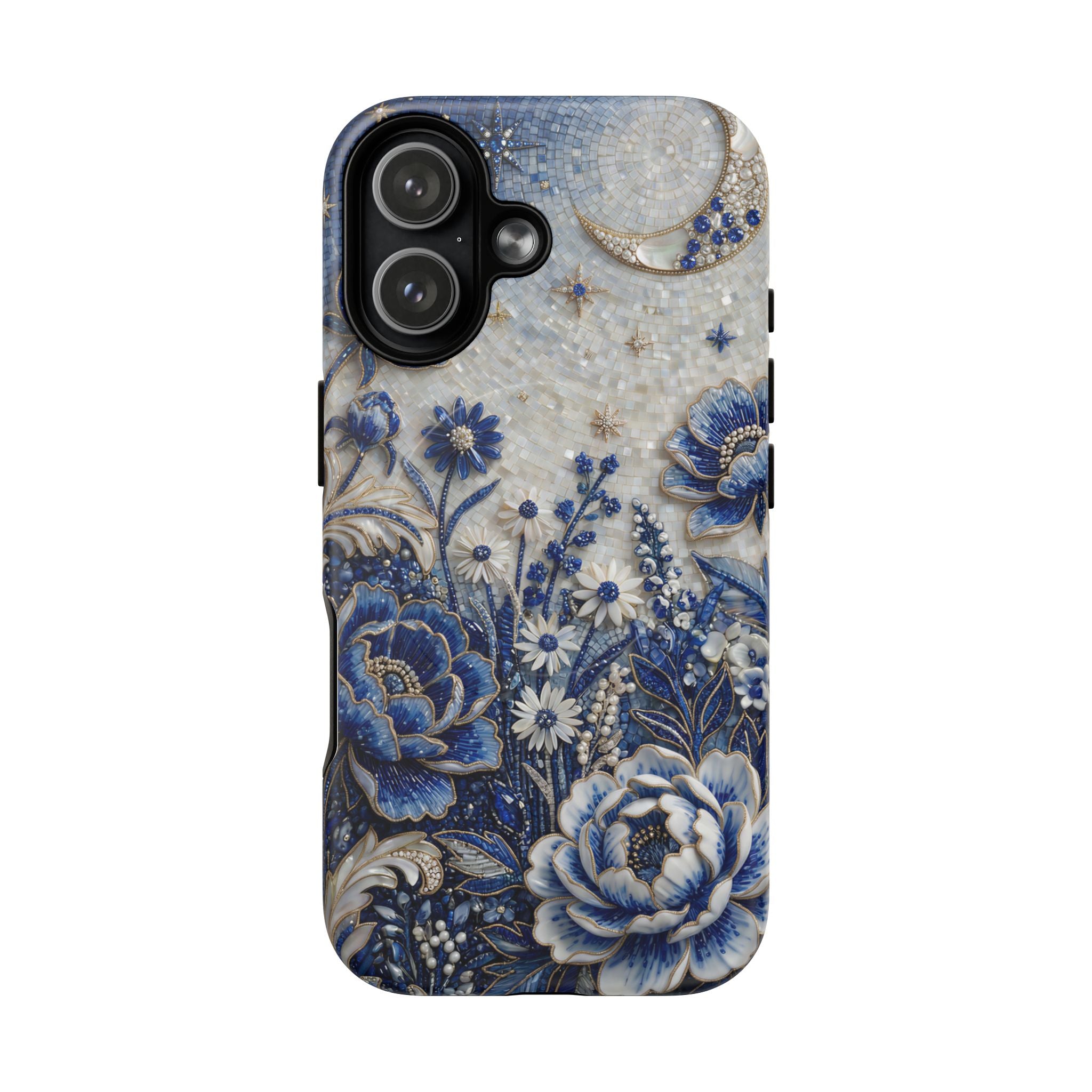 Blue Floral Moon MagSafe iPhone Case | Vintage Botanical Night Sky Protective Case