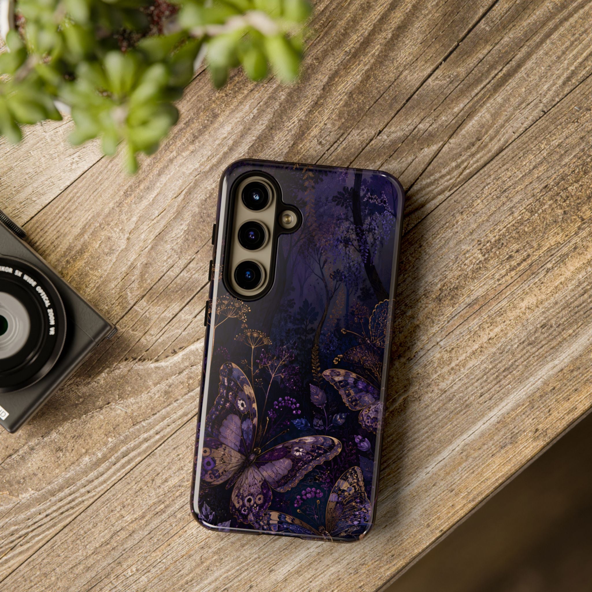 Purple Night Butterflies Samsung Galaxy Phone Case | Moody Purple Floral Cover