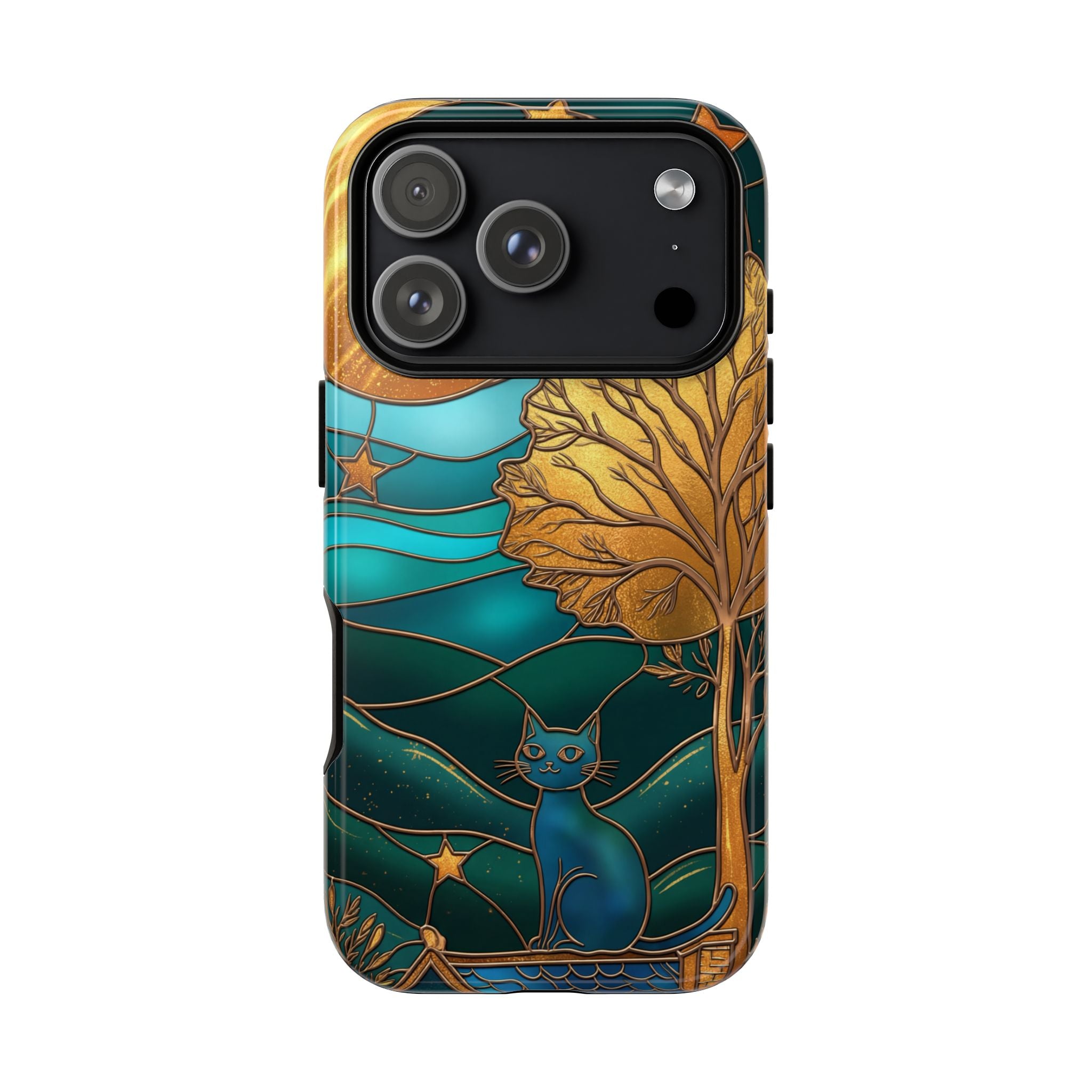 Stained Glass Cat Tough iPhone Case — Gold Tree & Starry Night Design