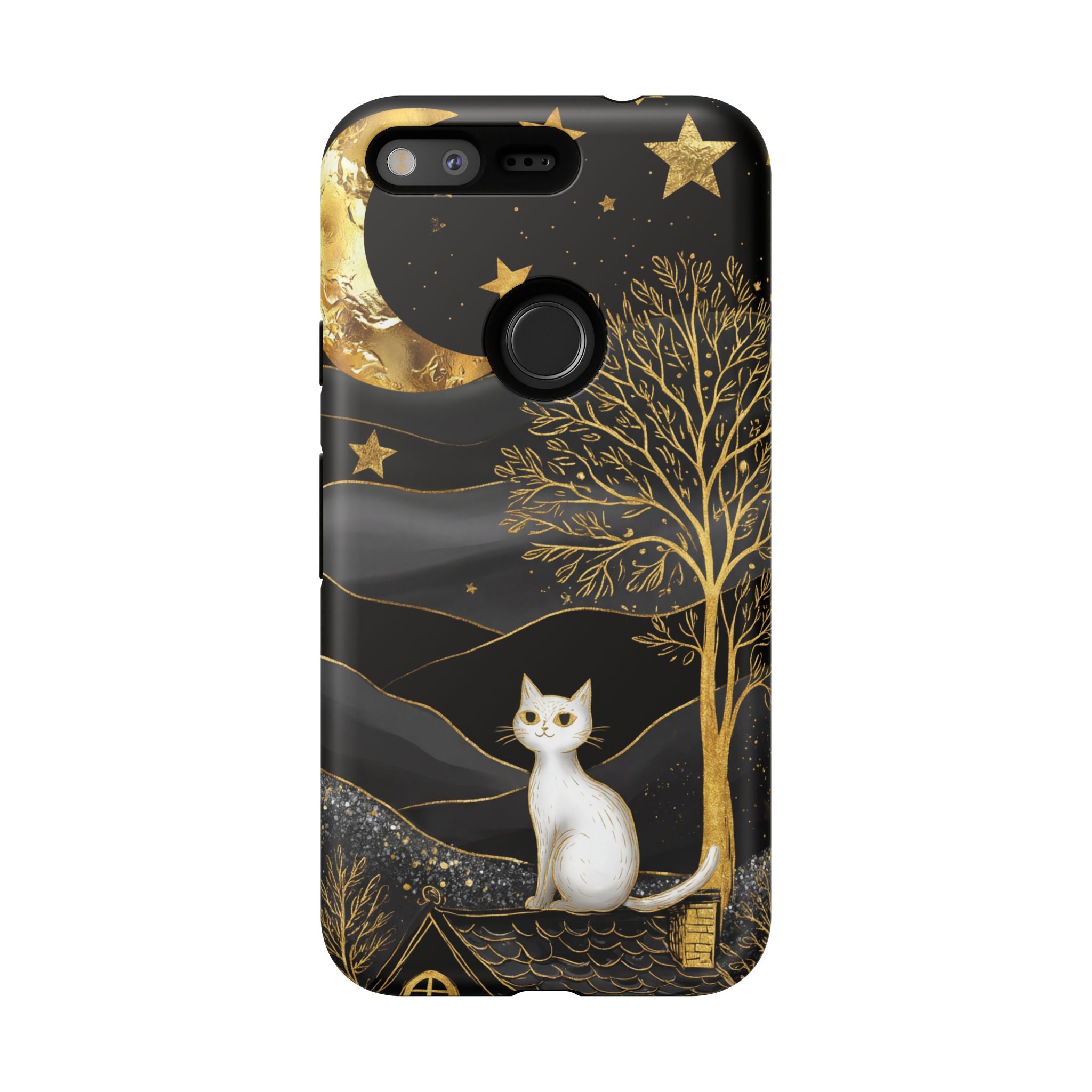 Mystic Night Cat Google Pixel Case | Gold Tree & Stars Tough Case