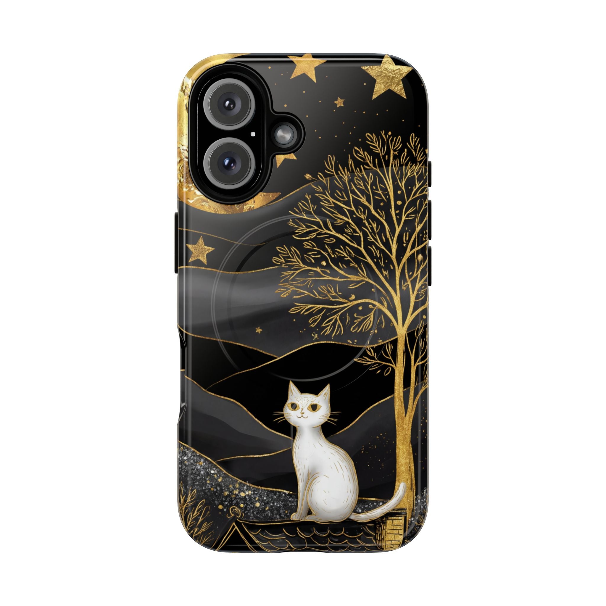 Custodia per iPhone Moonlit Cat | Custodia resistente MagSafe nera e oro