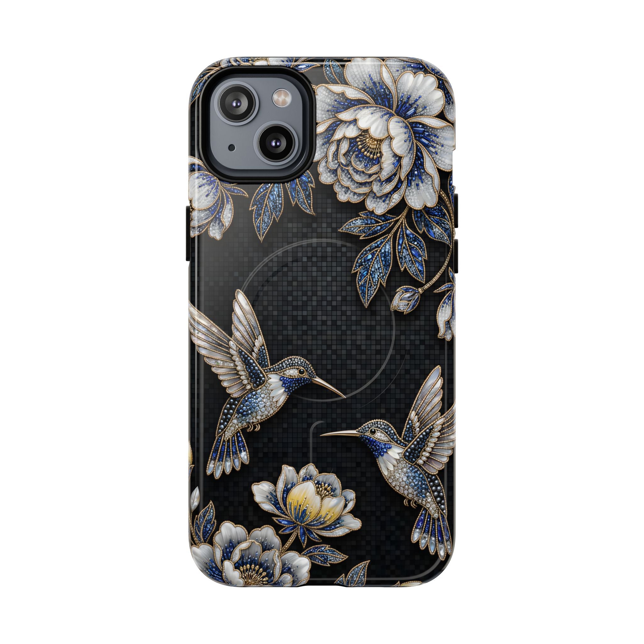 Hummingbird & Peony Floral MagSafe iPhone Case | Elegant Black Protective Cover