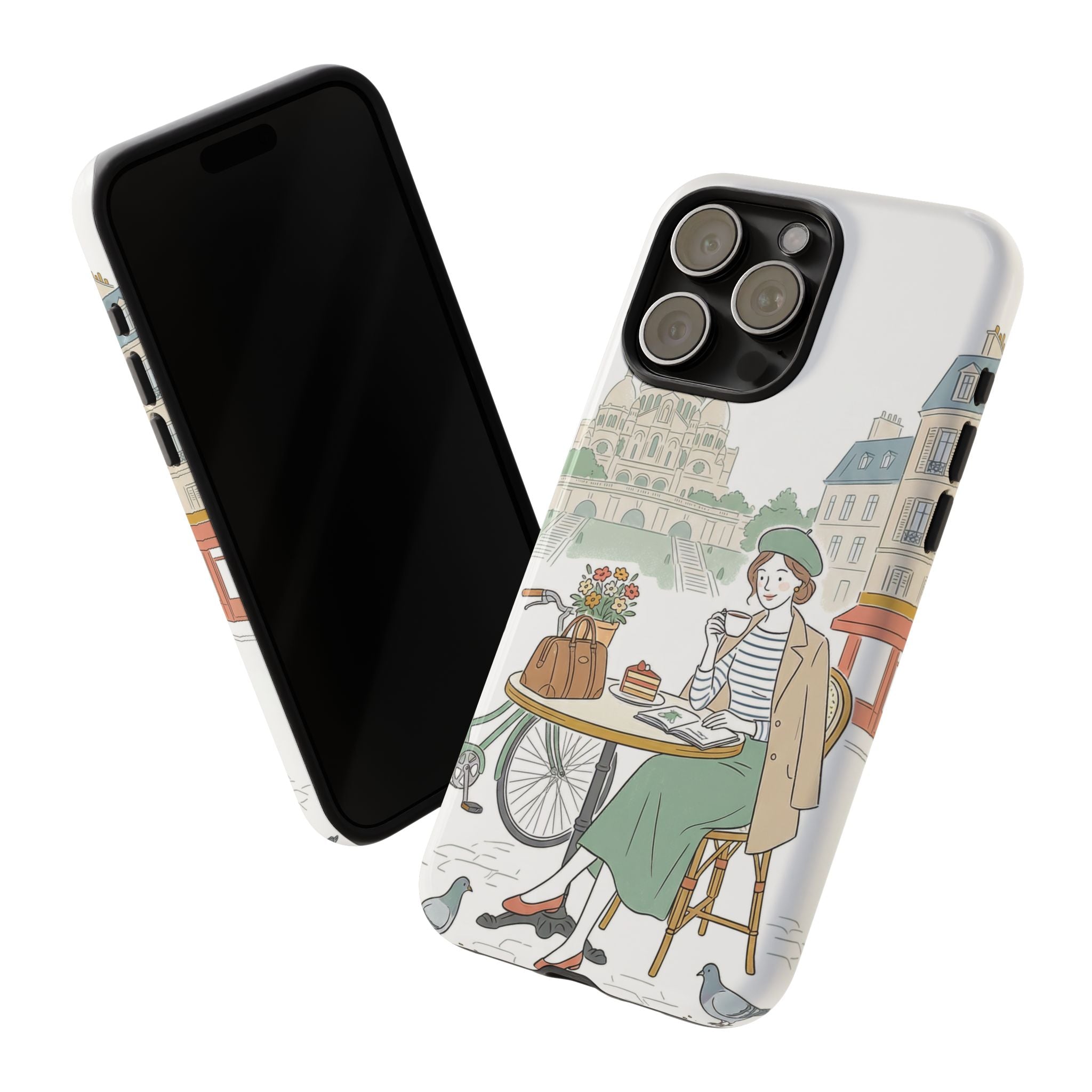 Paris Cafe Illustration iPhone Case | Vintage Bicycles & Pigeons Protective Cover