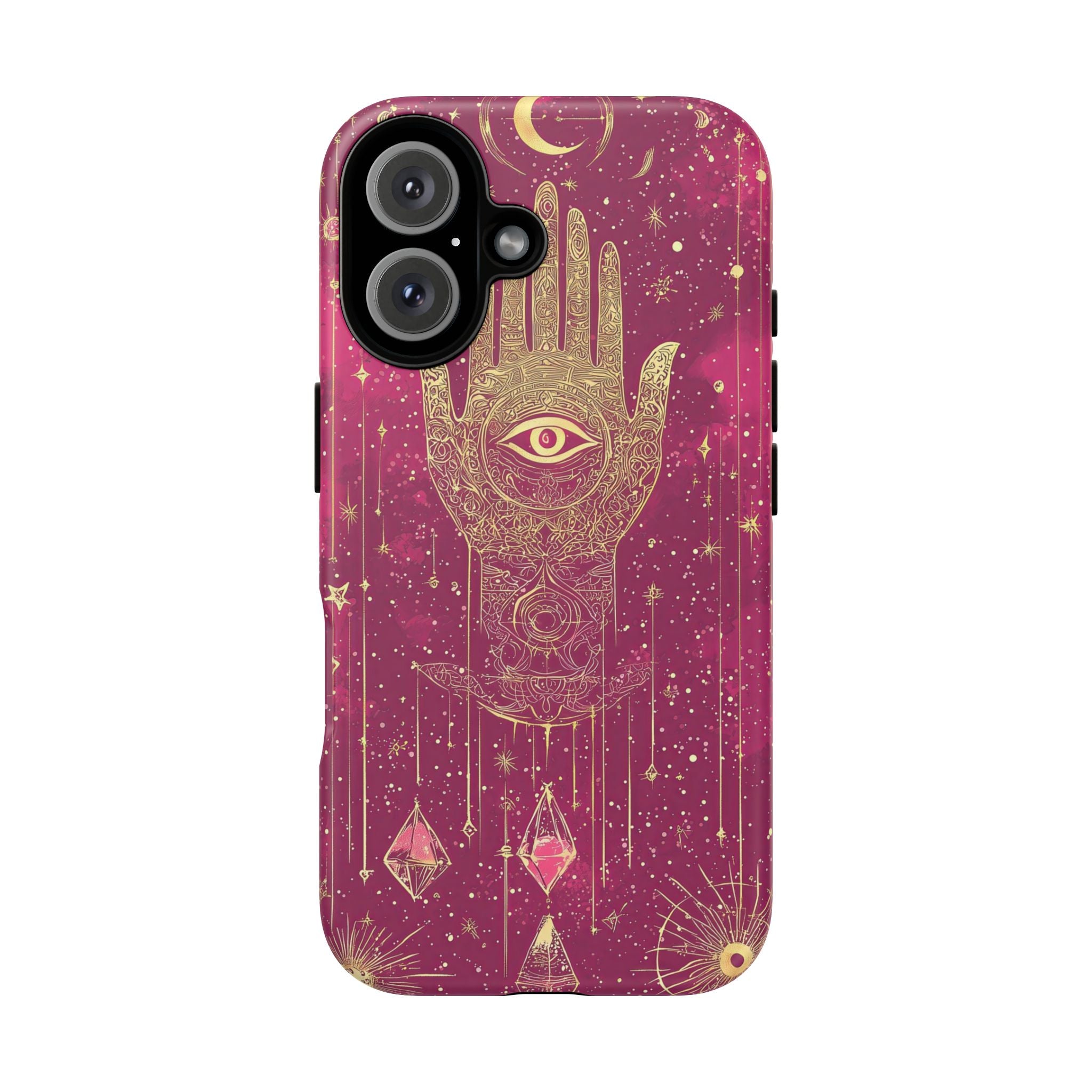 Mystic Hamsa iPhone Case | Gold Palm & All-Seeing Eye on Magenta Galaxy