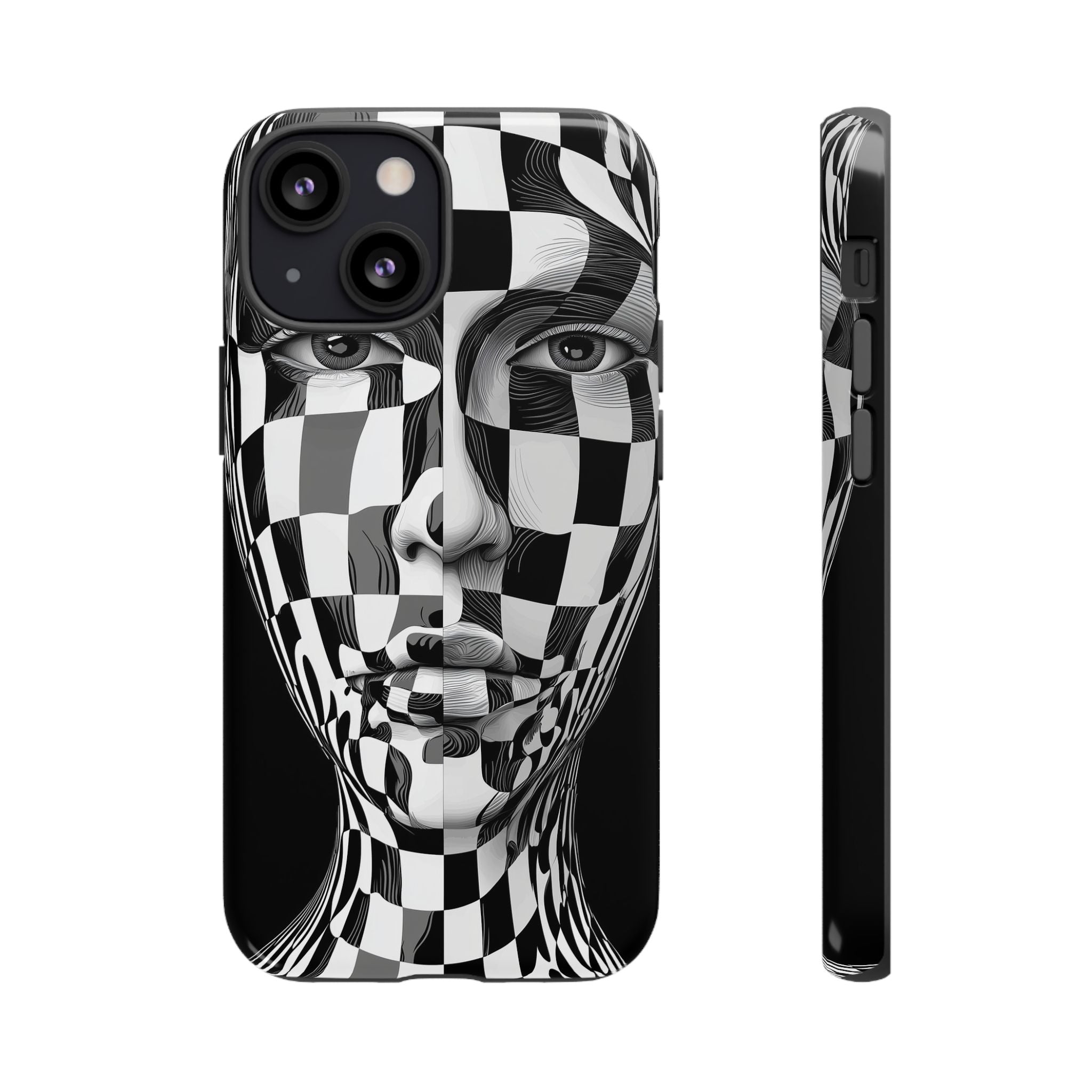 Checkerboard Face Tough iPhone Case — Black & White Surreal Art Protective Cover