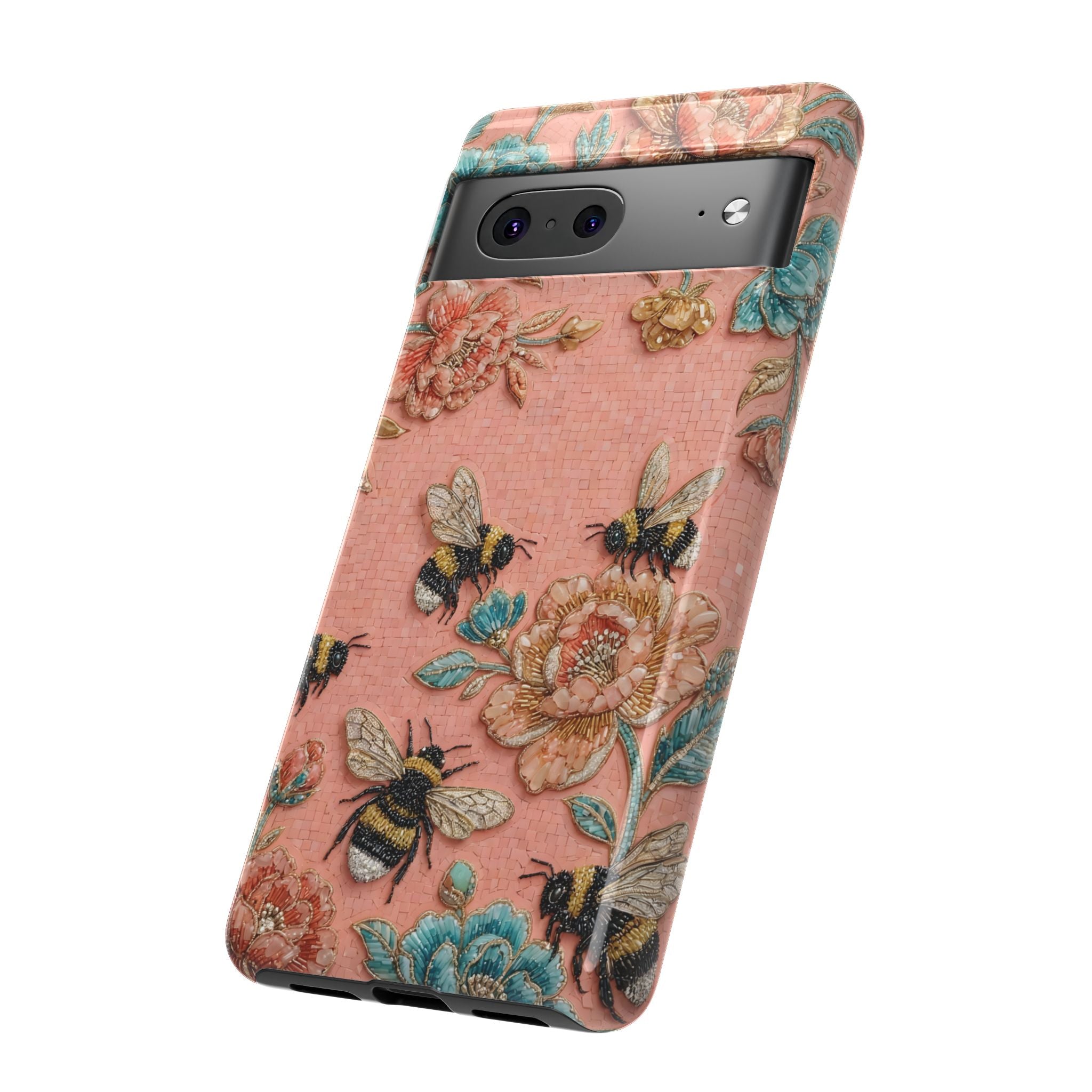 Floral Bee Tough Google Pixel Phone Case | Vintage Pink Garden Protective Cover
