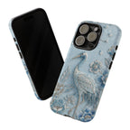 Blue Crane Floral iPhone Case | Vintage Embossed Bird Design