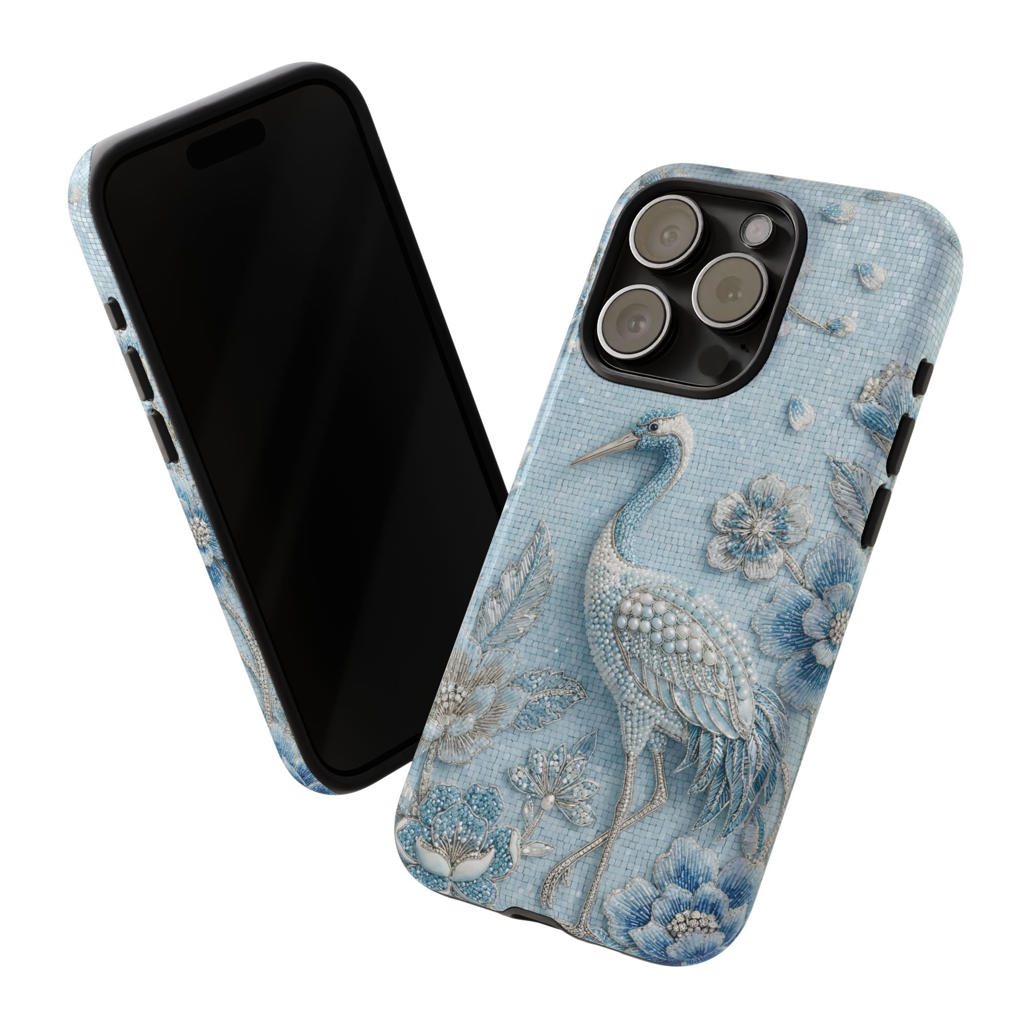 Blue Crane Floral iPhone Case | Vintage Embossed Bird Design