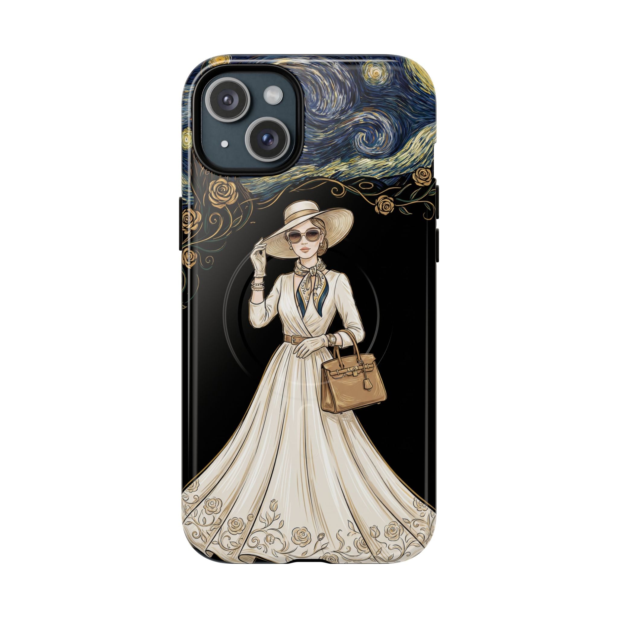 Vintage Starry Night Fashion MagSafe iPhone Case | Elegant Lady in White Dress
