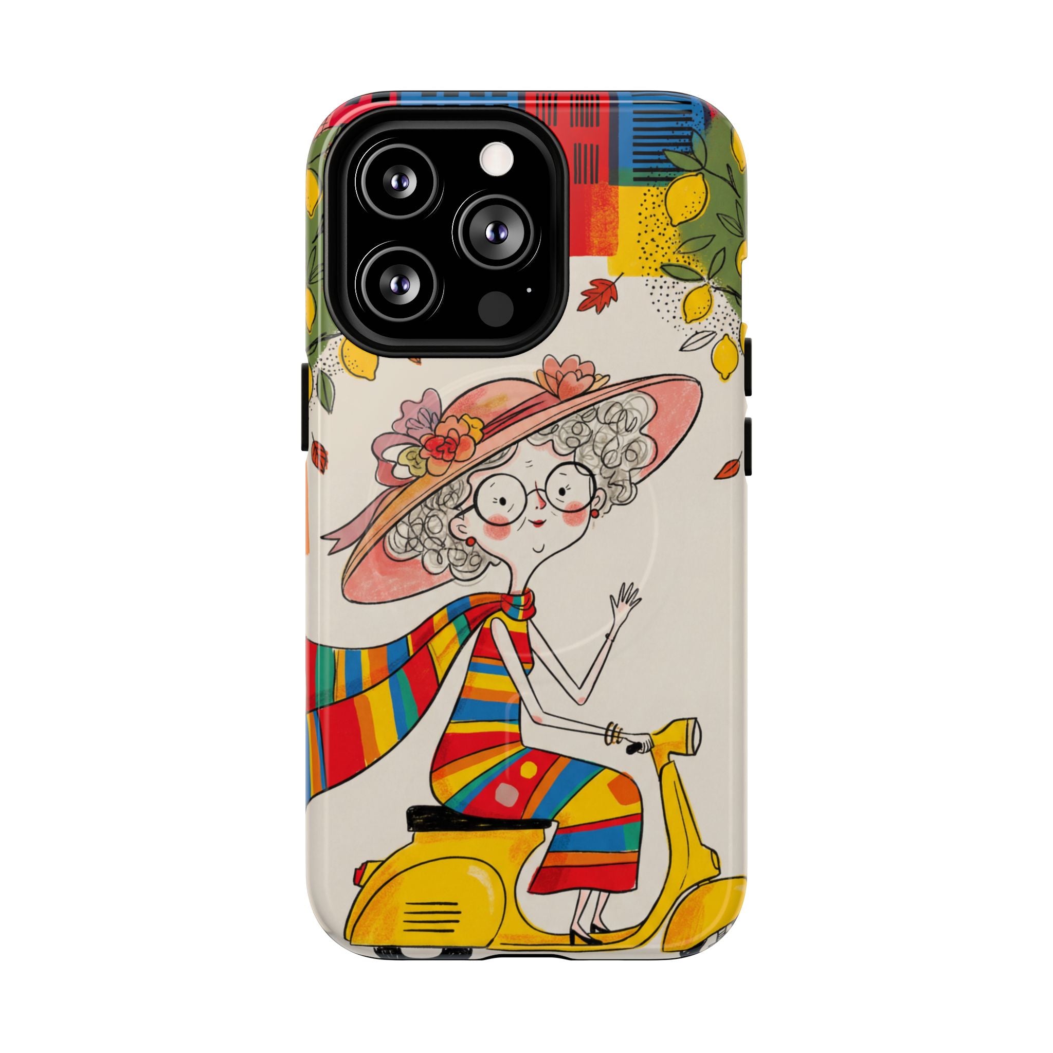 Vintage Scooter Granny MagSafe iPhone Case | Colourful Retro Elderly Lady Design
