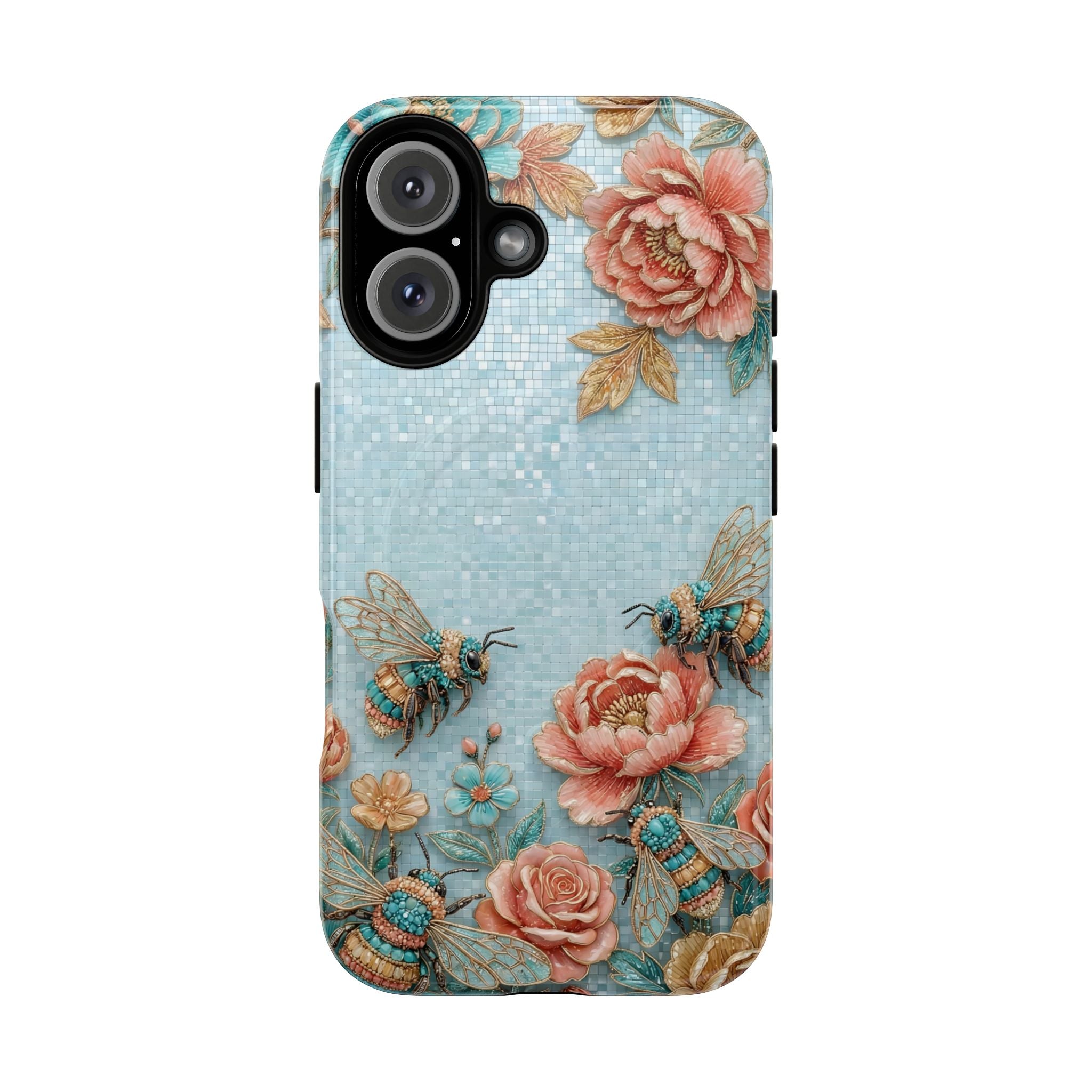 Floral Bees MagSafe iPhone Case | Vintage Rose & Turquoise Protective Cover