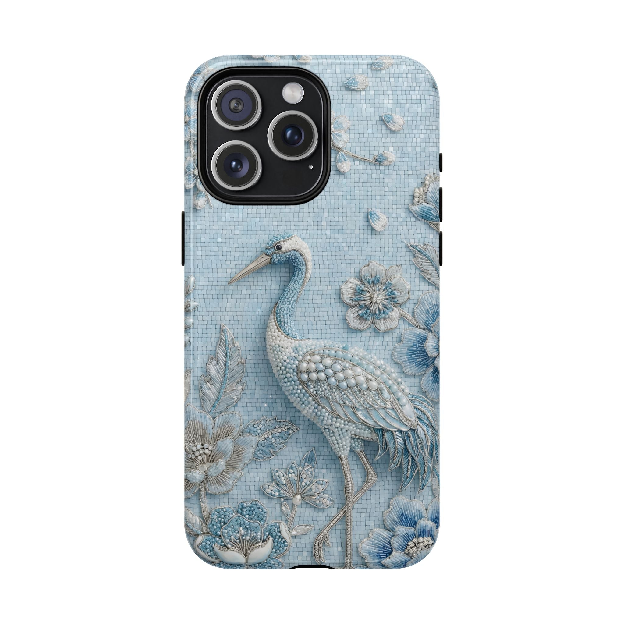 Blue Crane Floral MagSafe iPhone Case | Vintage Embossed Bird Design